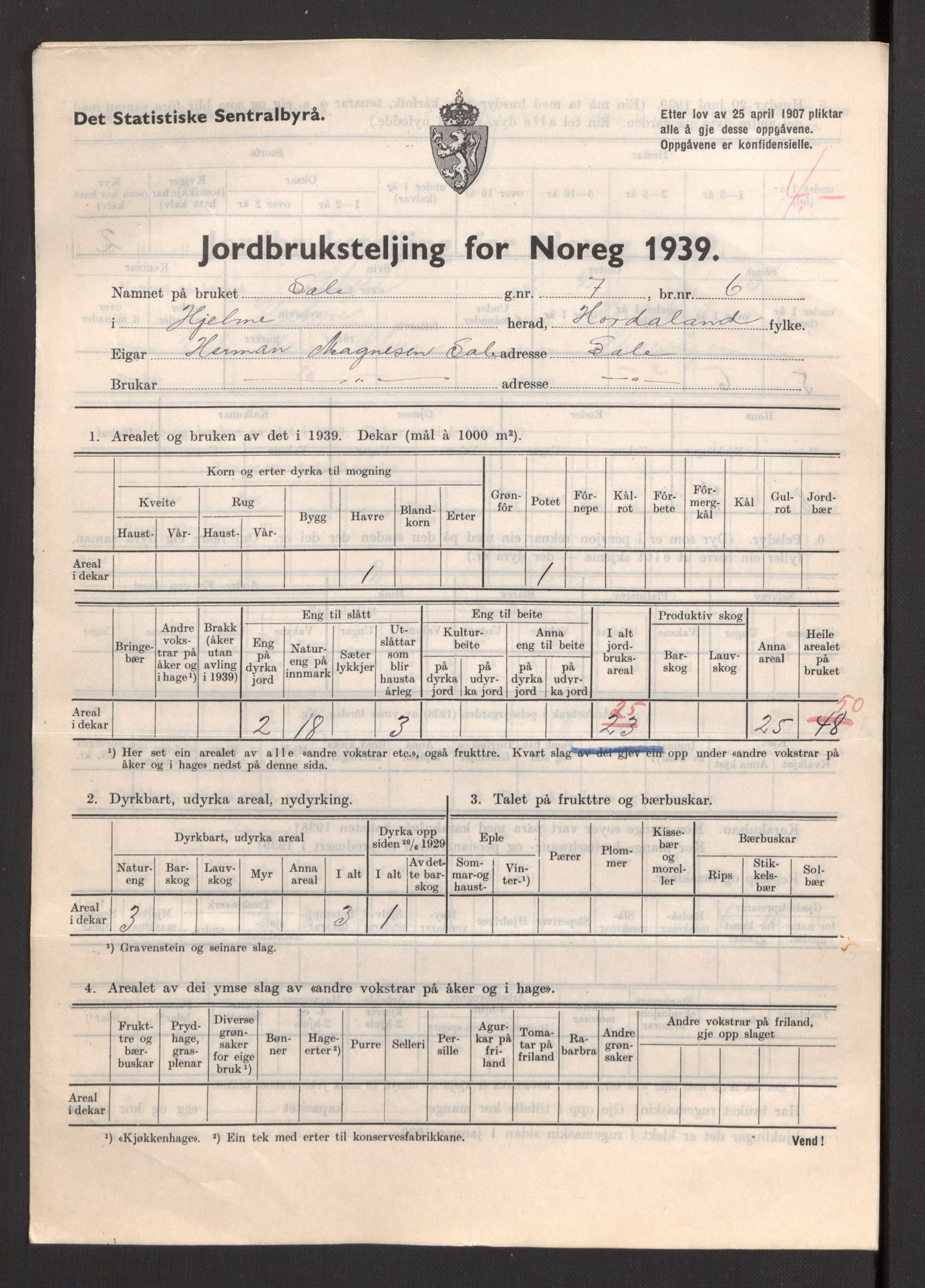 Statistisk sentralbyrå, Næringsøkonomiske emner, Jordbruk, skogbruk, jakt, fiske og fangst, AV/RA-S-2234/G/Gb/L0211: Hordaland: Herdla, Hjelme og Manger, 1939, p. 1373