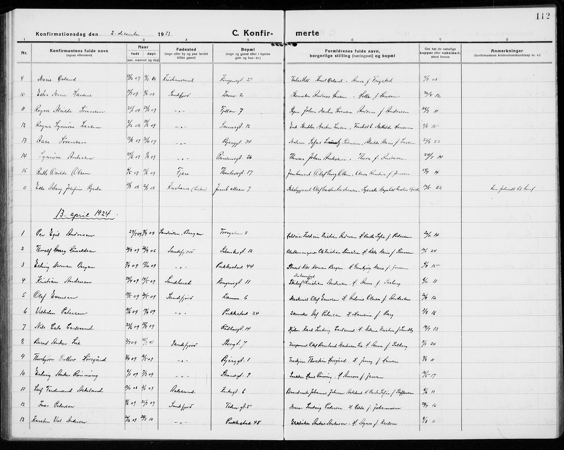 Sandefjord kirkebøker, AV/SAKO-A-315/G/Ga/L0004: Parish register (copy) no. 4, 1920-1931, p. 112