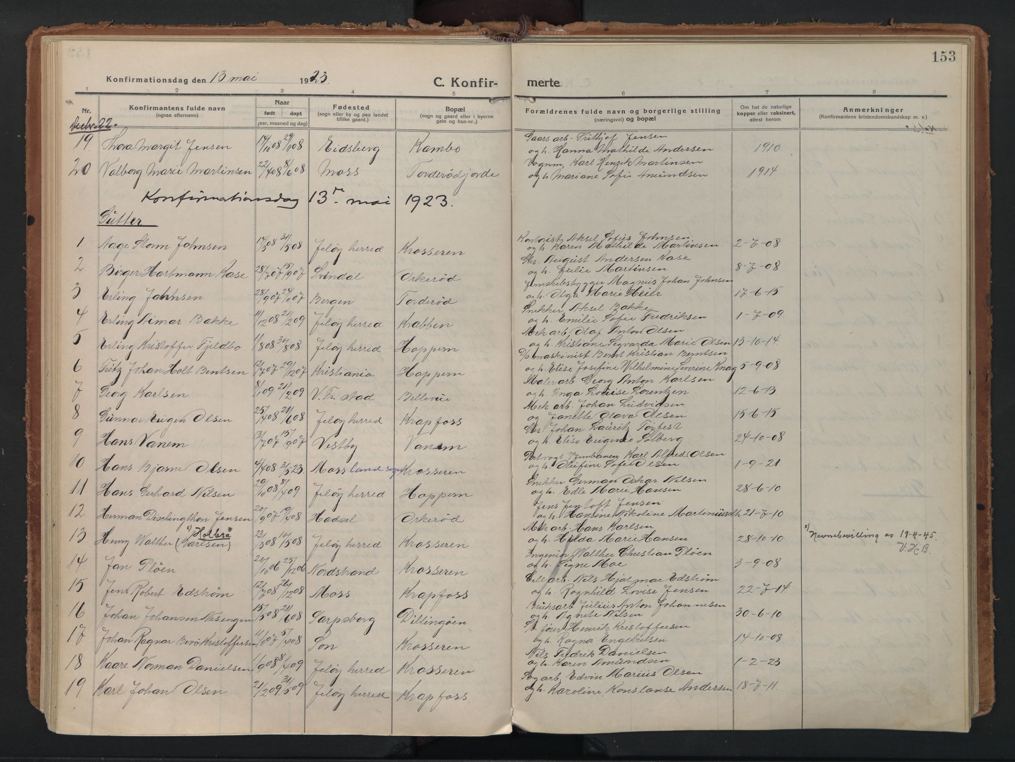Moss prestekontor Kirkebøker, AV/SAO-A-2003/F/Fc/L0004: Parish register (official) no. III 4, 1915-1929, p. 153
