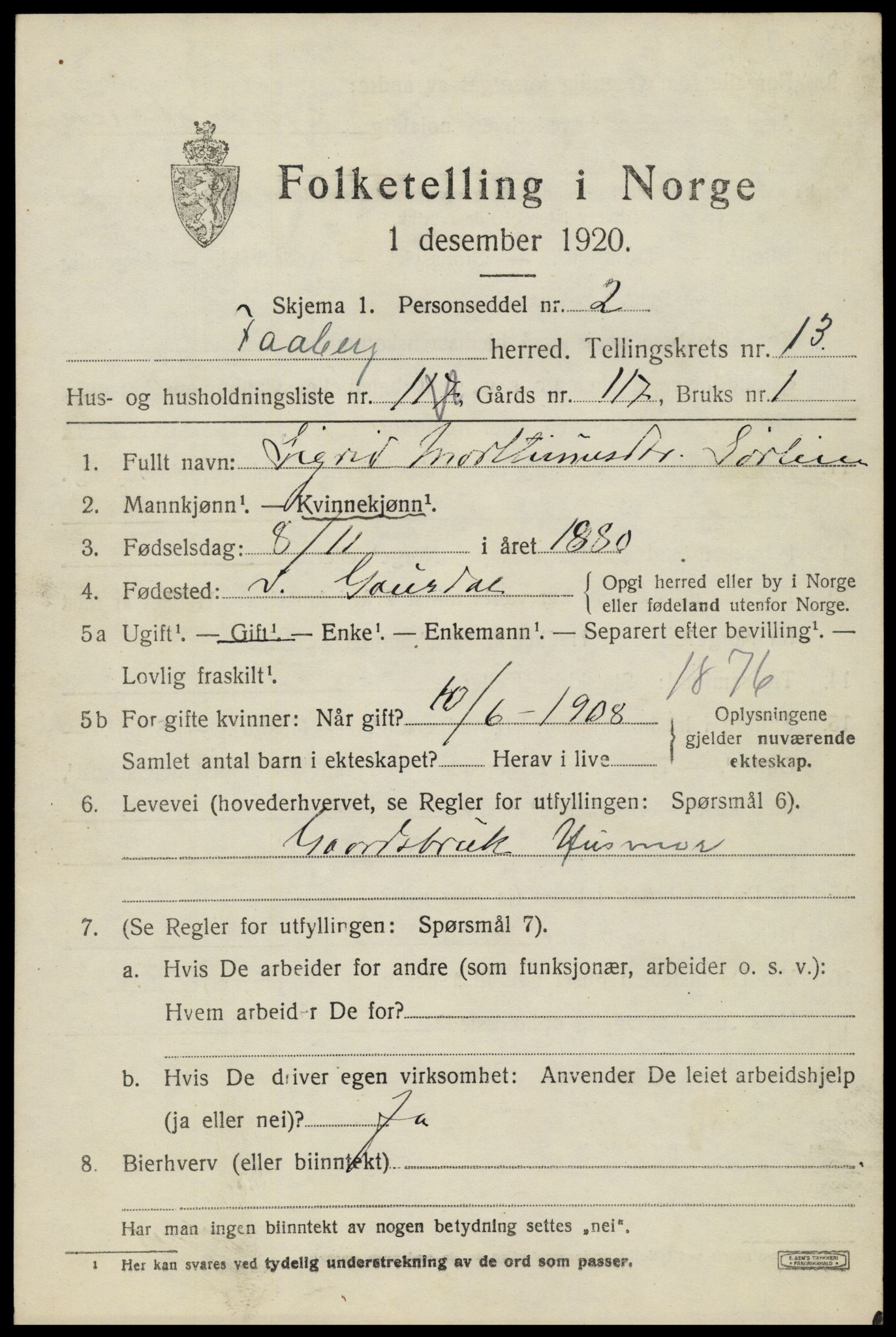 SAH, 1920 census for Fåberg, 1920, p. 13872