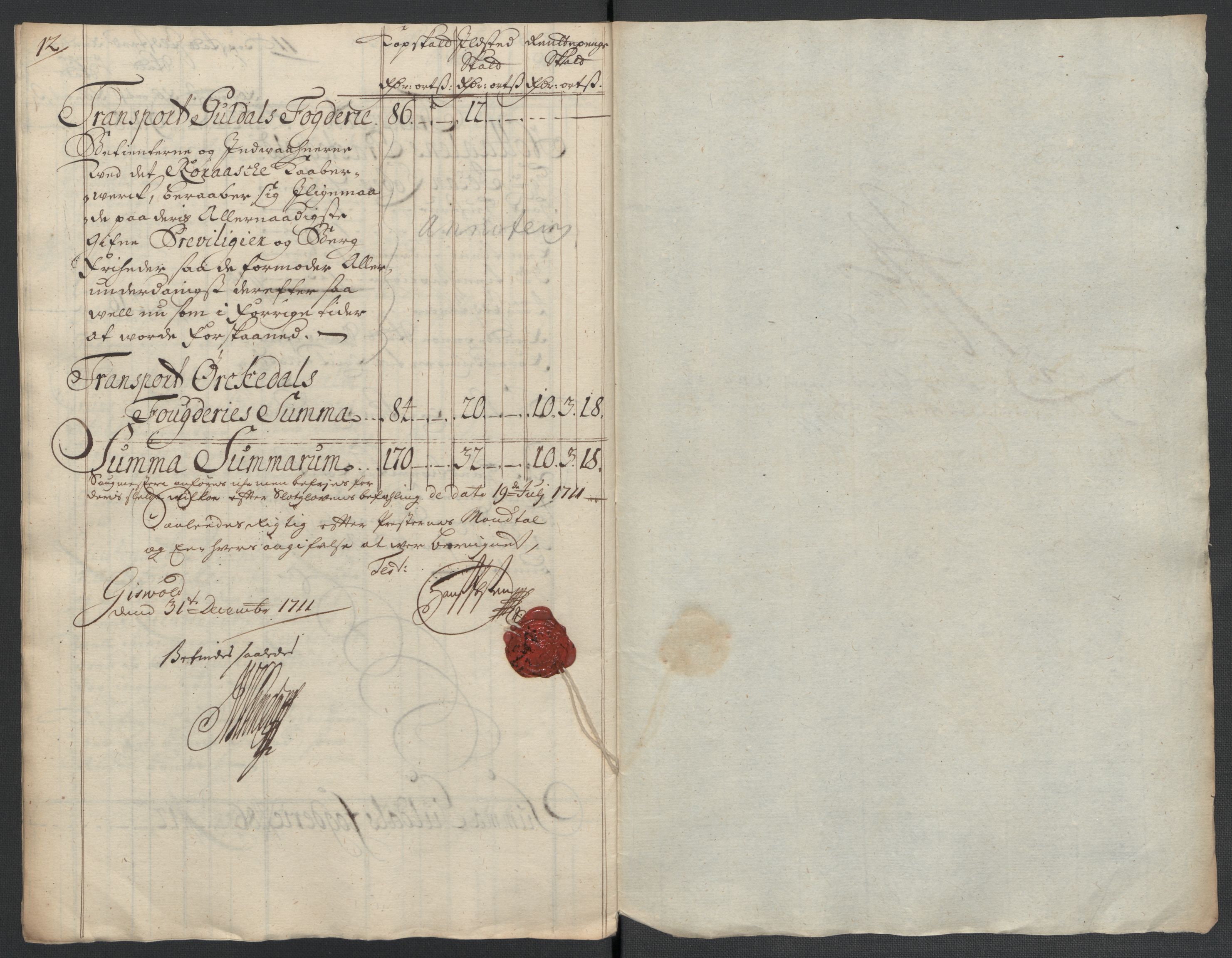 Rentekammeret inntil 1814, Reviderte regnskaper, Fogderegnskap, AV/RA-EA-4092/R60/L3961: Fogderegnskap Orkdal og Gauldal, 1711, p. 167