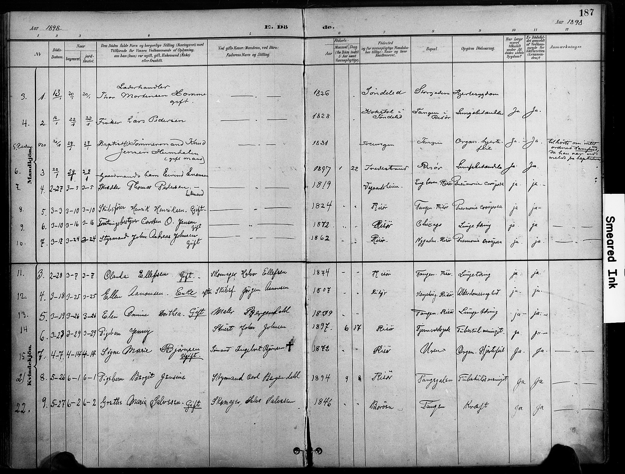 Risør sokneprestkontor, AV/SAK-1111-0035/F/Fa/L0010: Parish register (official) no. A 10, 1896-1906, p. 187