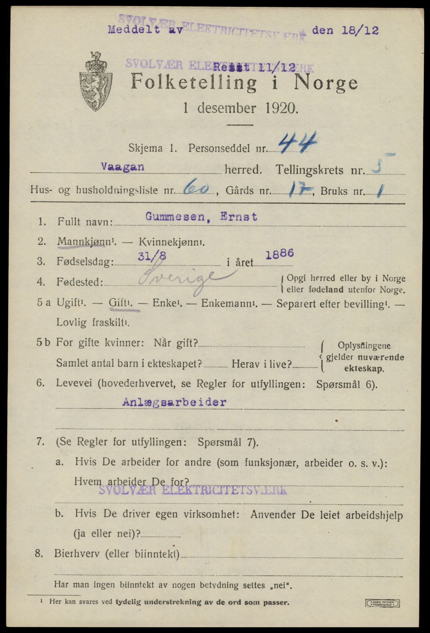 SAT, 1920 census for Vågan, 1920, p. 6127