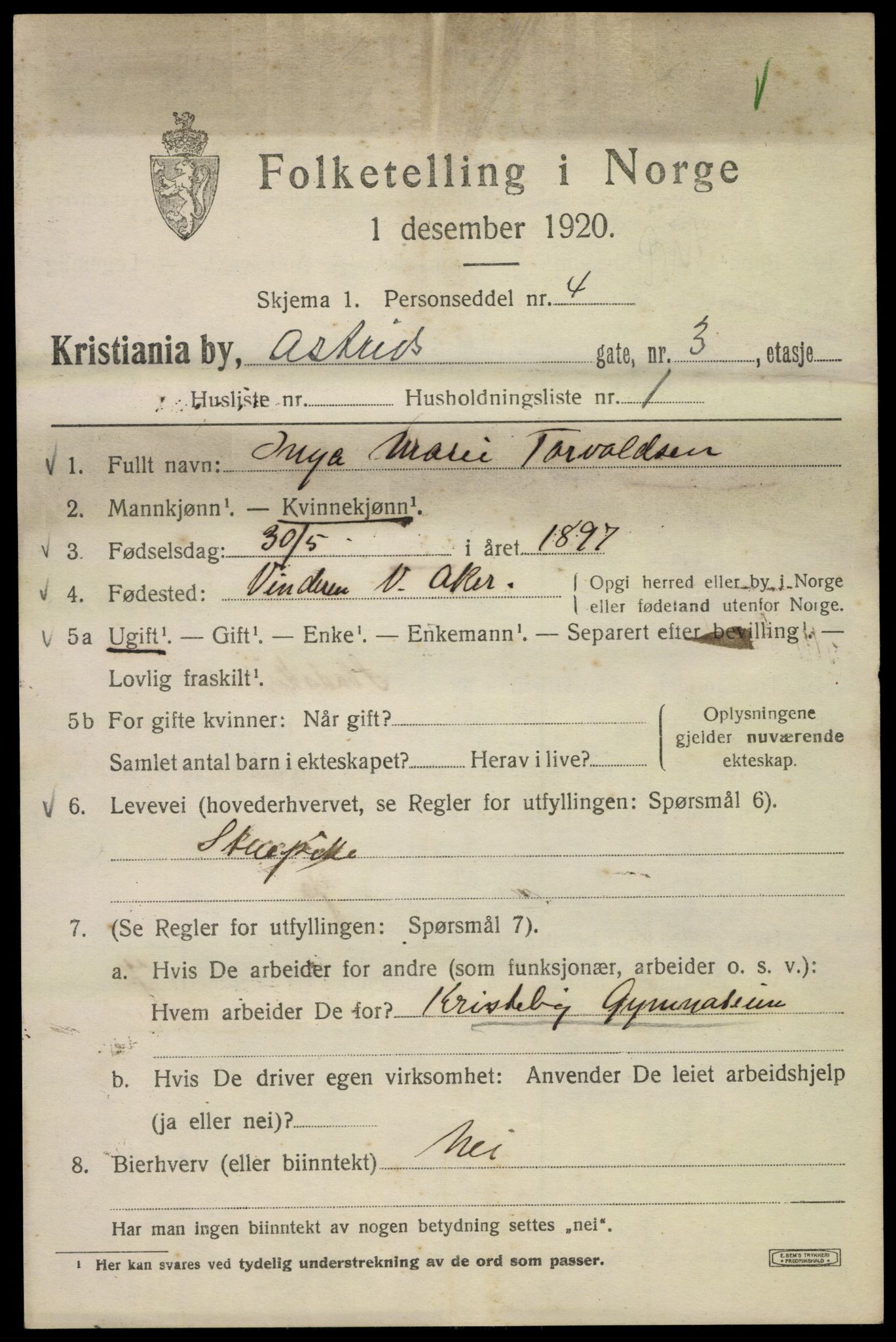 SAO, 1920 census for Kristiania, 1920, p. 146801