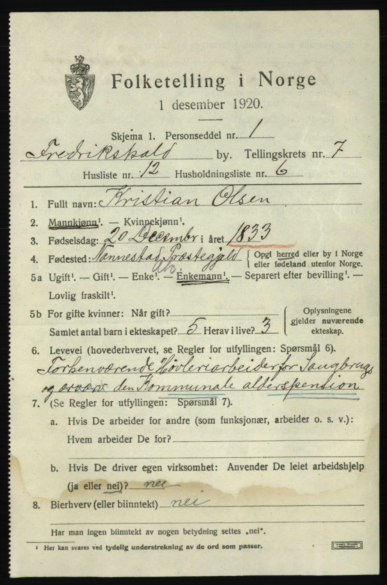 SAO, 1920 census for Fredrikshald, 1920, p. 14088