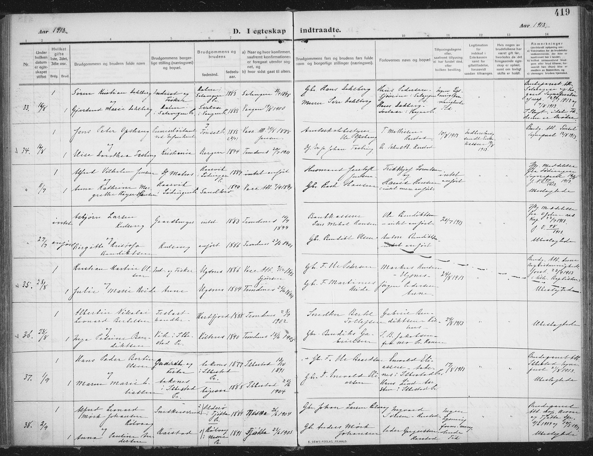 Trondenes sokneprestkontor, SATØ/S-1319/H/Ha/L0018kirke: Parish register (official) no. 18, 1909-1918, p. 419