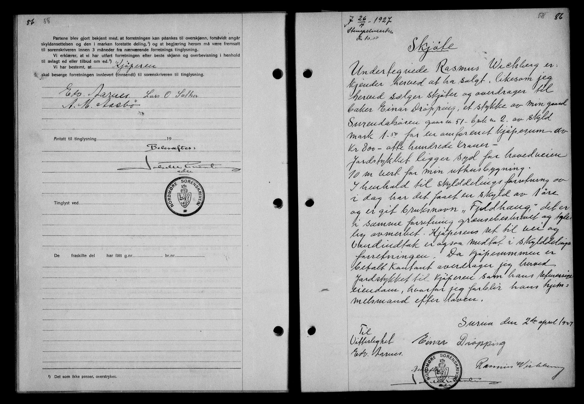 Nordmøre sorenskriveri, AV/SAT-A-4132/1/2/2Ca/L0062: Mortgage book no. 52, 1927-1927, Deed date: 26.04.1927