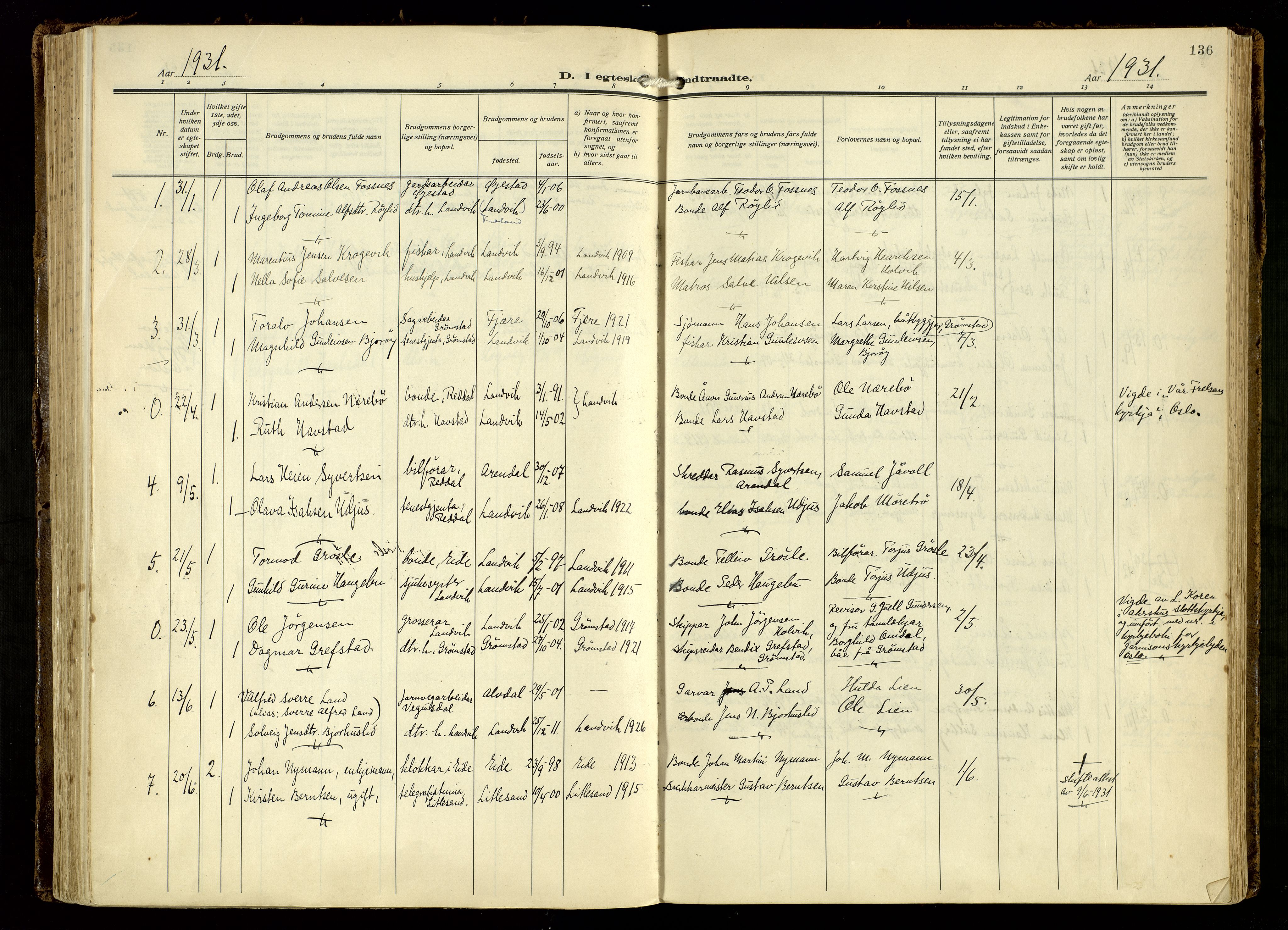 Hommedal sokneprestkontor, AV/SAK-1111-0023/F/Fa/Fab/L0008: Parish register (official) no. A 8, 1925-1956, p. 136