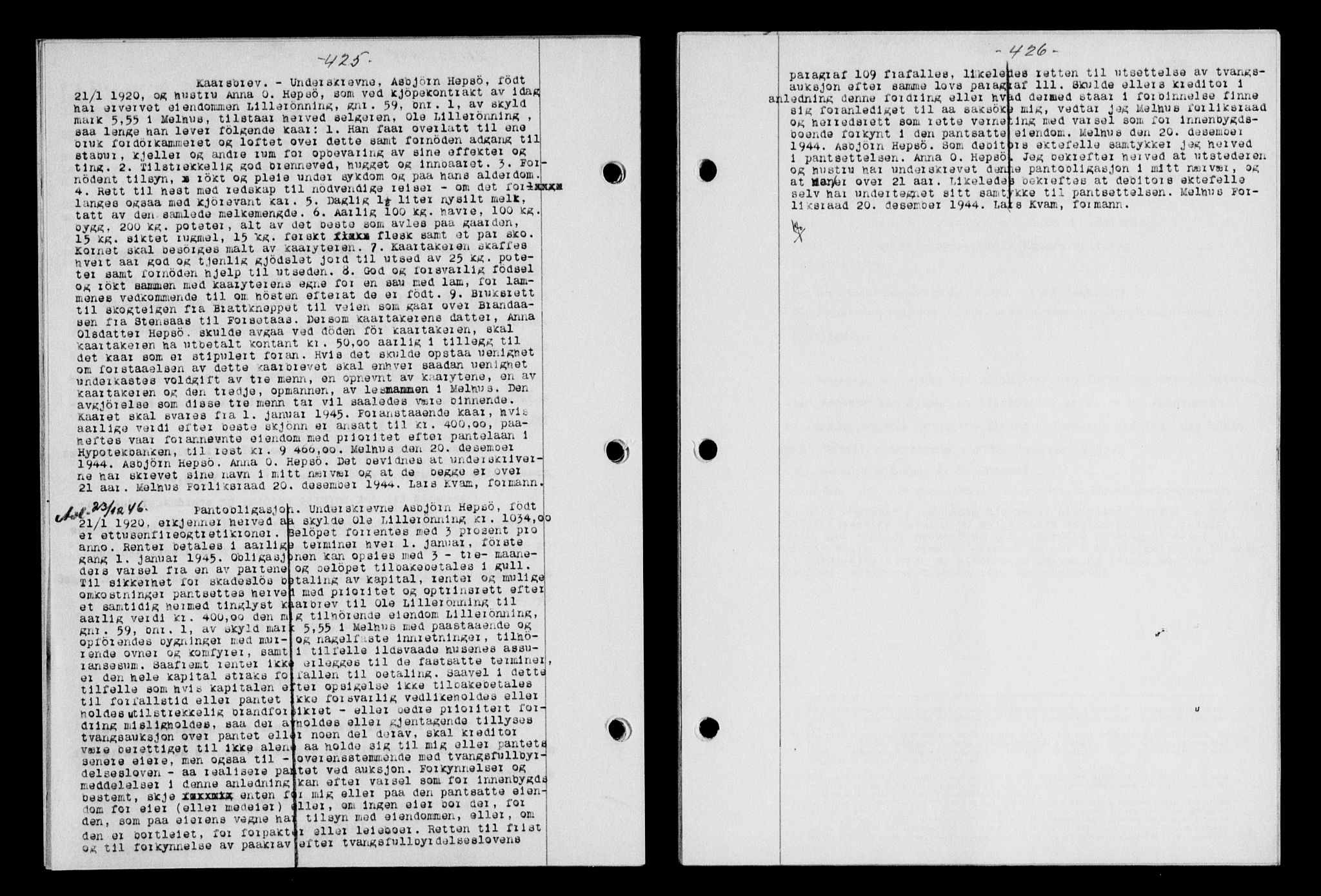 Gauldal sorenskriveri, SAT/A-0014/1/2/2C/L0058: Mortgage book no. 63, 1944-1945, Diary no: : 1224/1944
