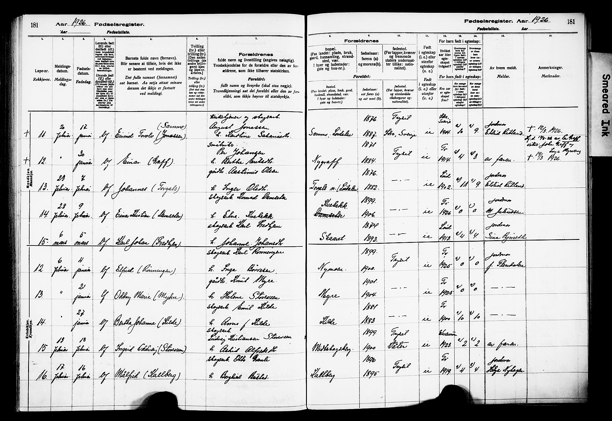 Trysil prestekontor, AV/SAH-PREST-046/I/Id/Ida/L0001: Birth register no. I 1, 1916-1927, p. 181
