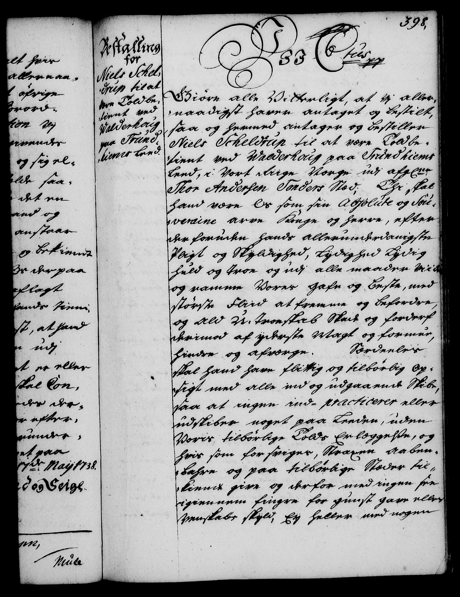 Rentekammeret, Kammerkanselliet, RA/EA-3111/G/Gg/Gge/L0002: Norsk bestallingsprotokoll med register (merket RK 53.26), 1730-1744, p. 398