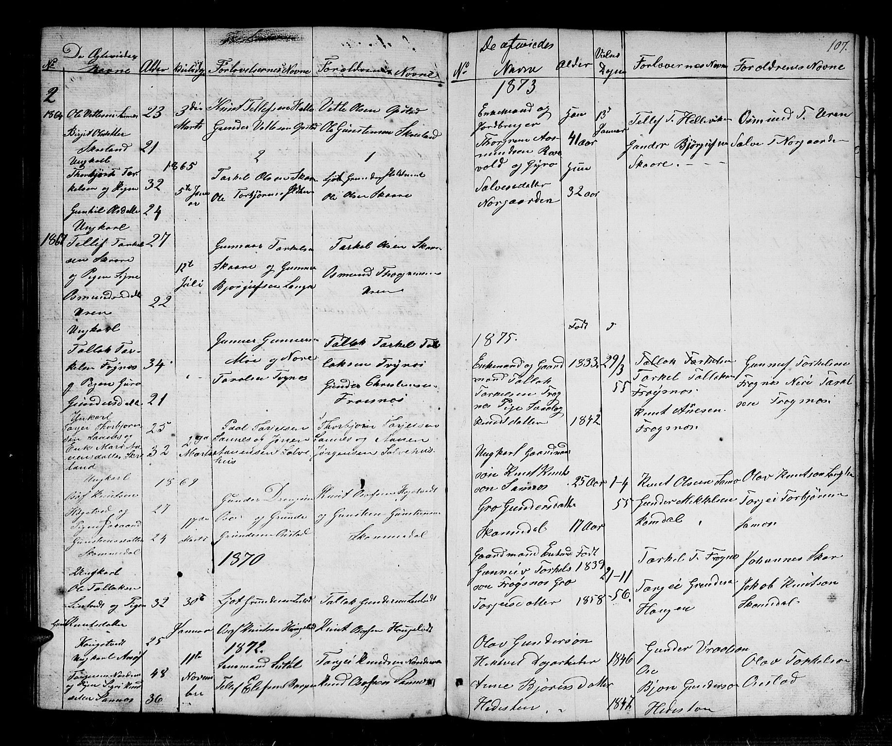 Bygland sokneprestkontor, AV/SAK-1111-0006/F/Fb/Fbc/L0001: Parish register (copy) no. B 1, 1848-1894, p. 107