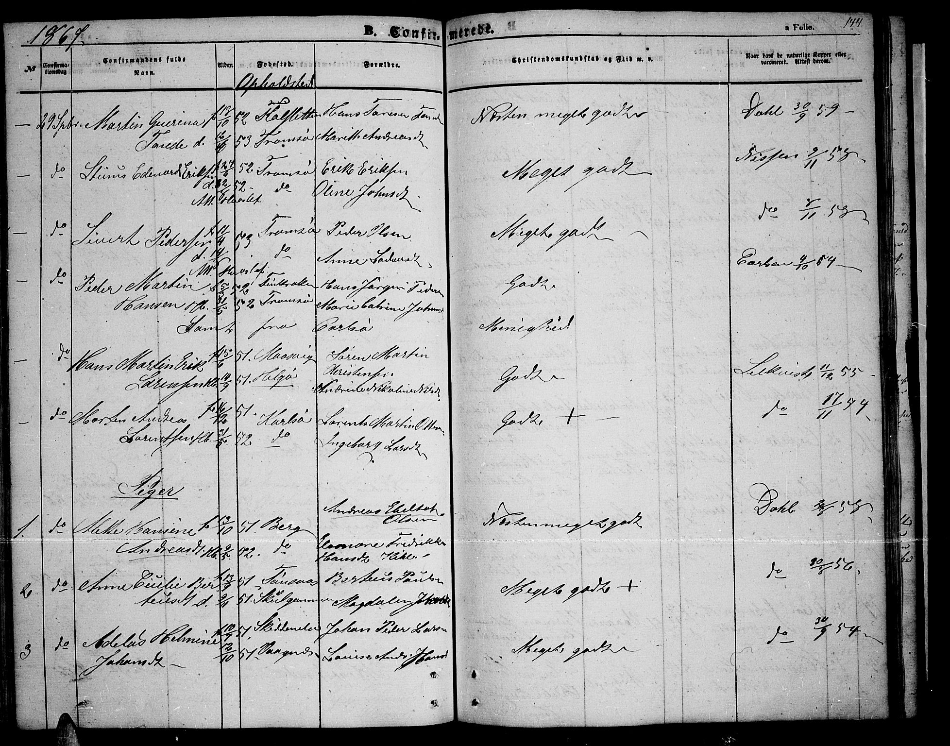 Tromsøysund sokneprestkontor, AV/SATØ-S-1304/G/Gb/L0001klokker: Parish register (copy) no. 1, 1857-1869, p. 144