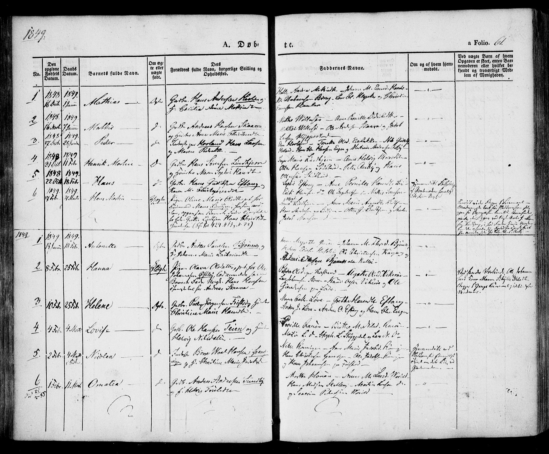 Tjølling kirkebøker, SAKO/A-60/F/Fa/L0006: Parish register (official) no. 6, 1835-1859, p. 61