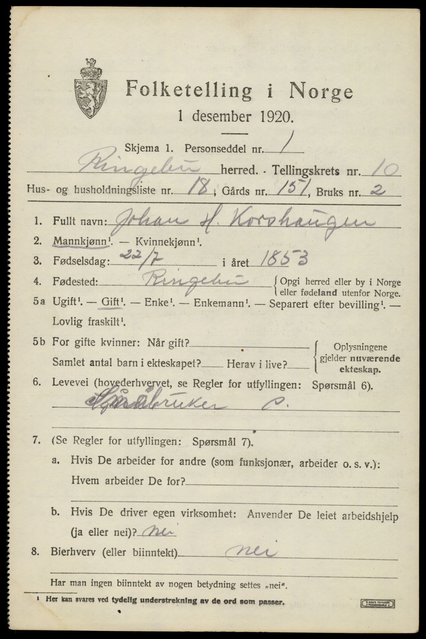 SAH, 1920 census for Ringebu, 1920, p. 9597