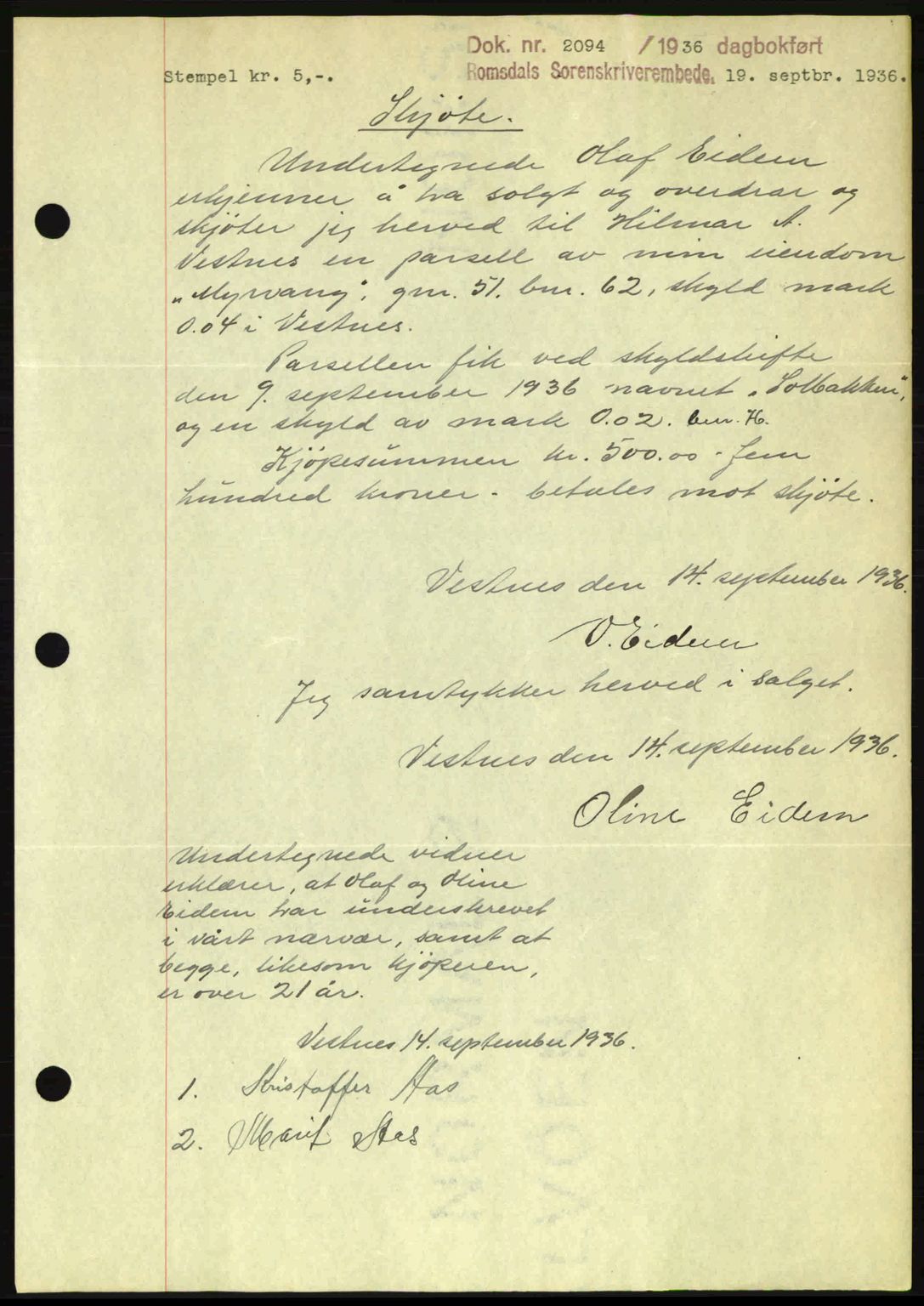 Romsdal sorenskriveri, SAT/A-4149/1/2/2C: Mortgage book no. A2, 1936-1937, Diary no: : 2094/1936