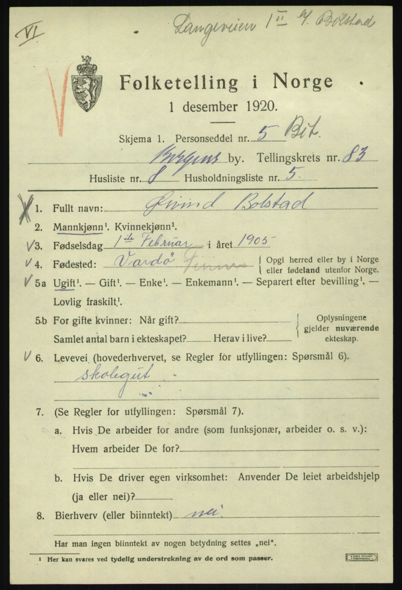 SAB, 1920 census for Bergen, 1920, p. 154572