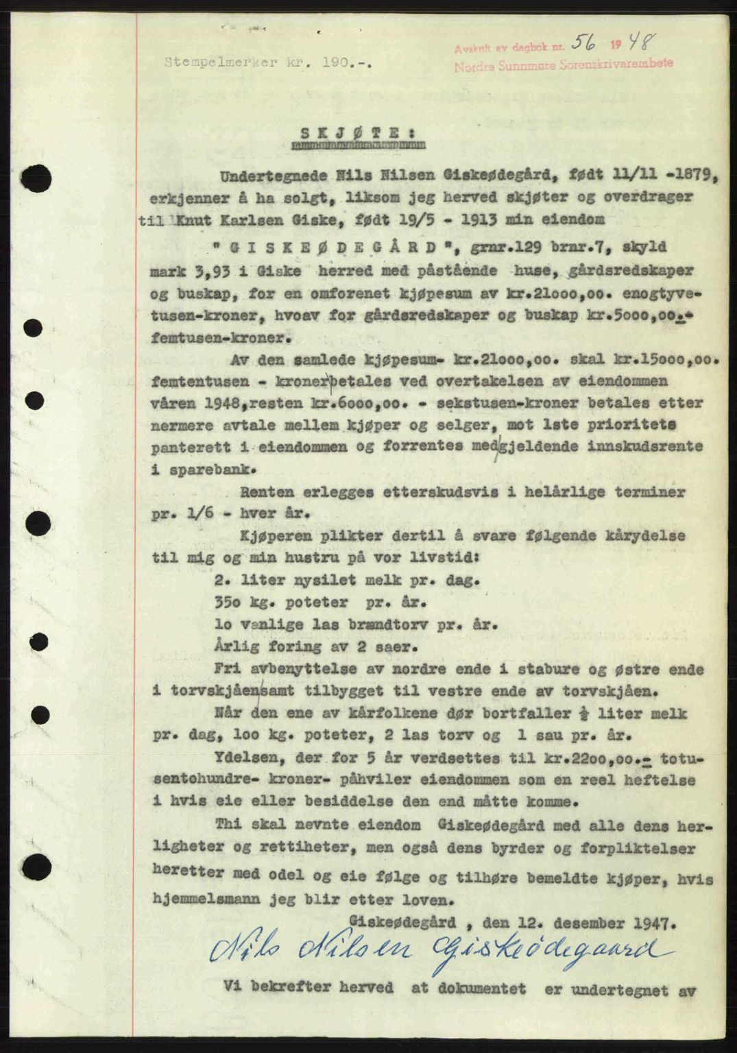 Nordre Sunnmøre sorenskriveri, AV/SAT-A-0006/1/2/2C/2Ca: Mortgage book no. A26, 1947-1948, Diary no: : 56/1948