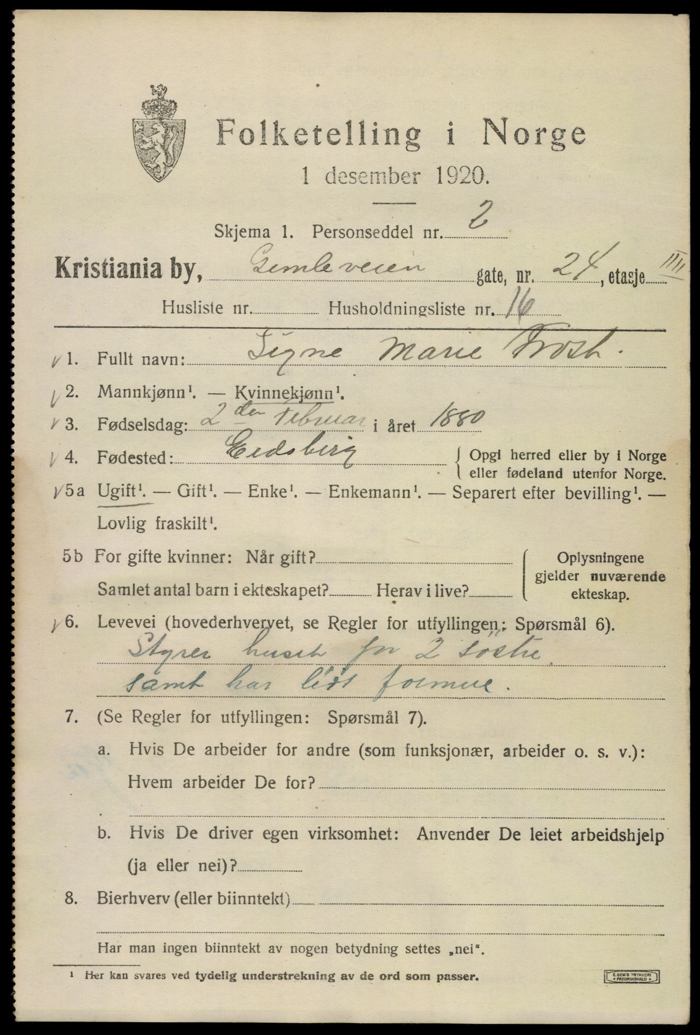 SAO, 1920 census for Kristiania, 1920, p. 248045