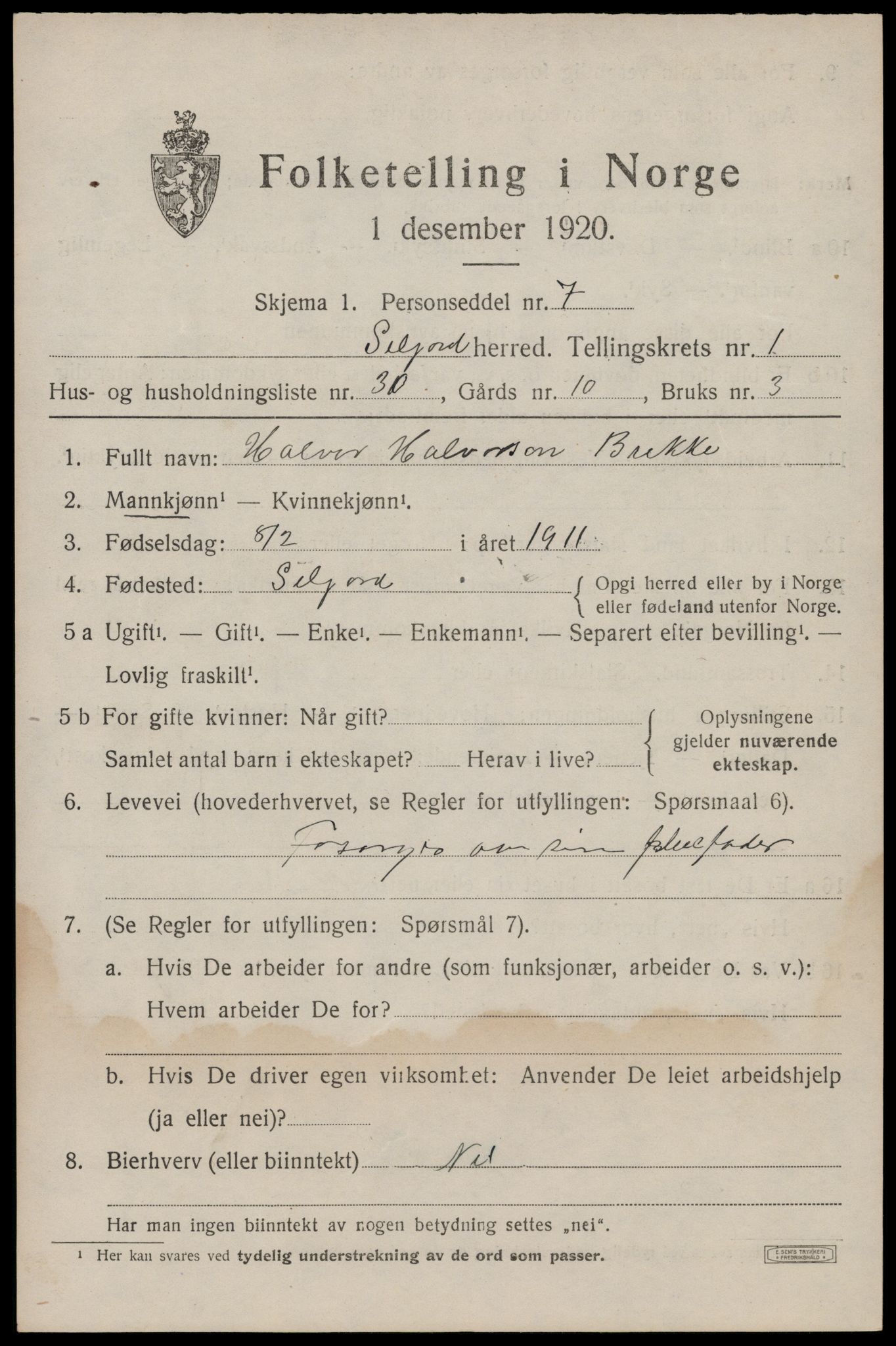 SAKO, 1920 census for Seljord, 1920, p. 1504