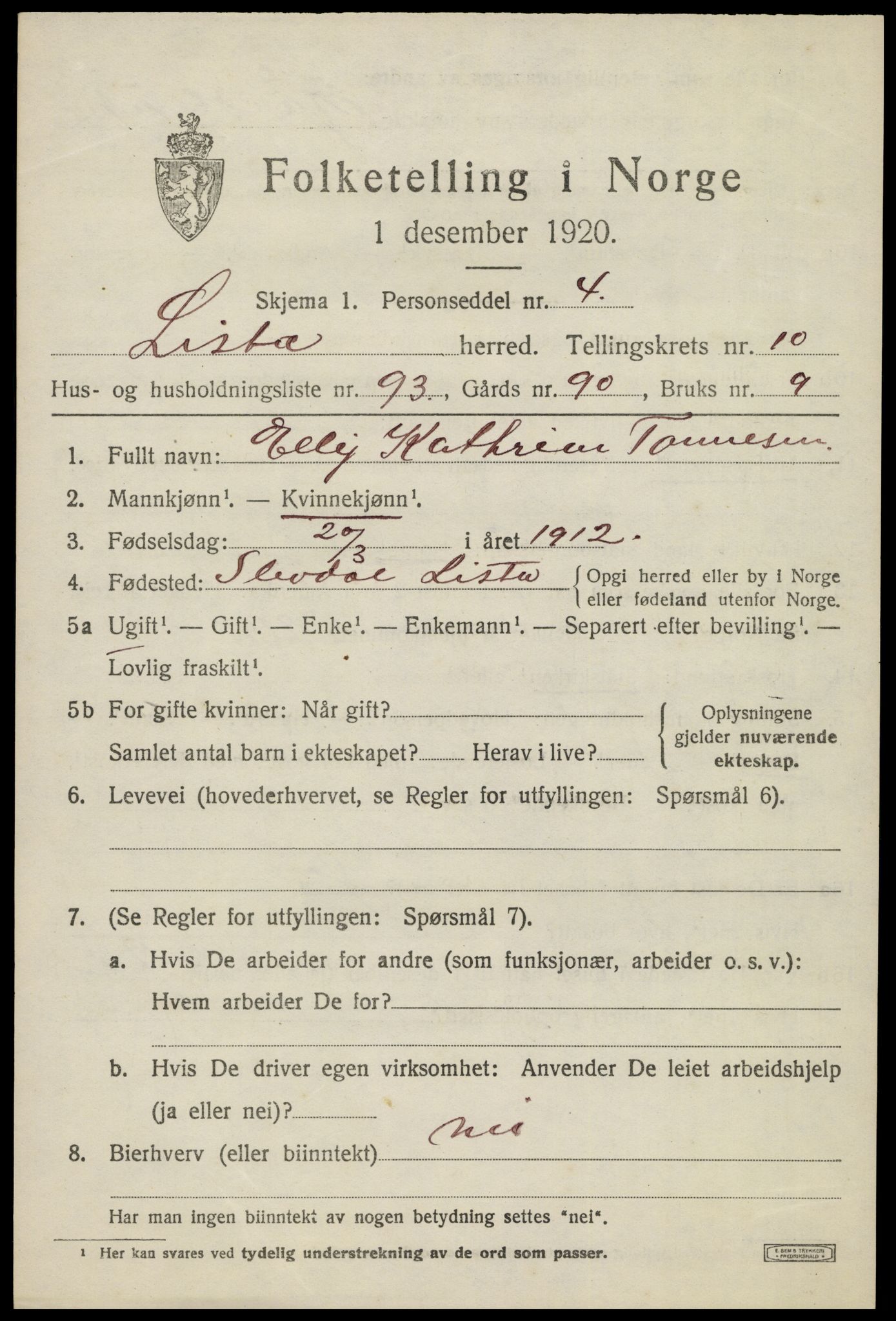 SAK, 1920 census for Lista, 1920, p. 10943