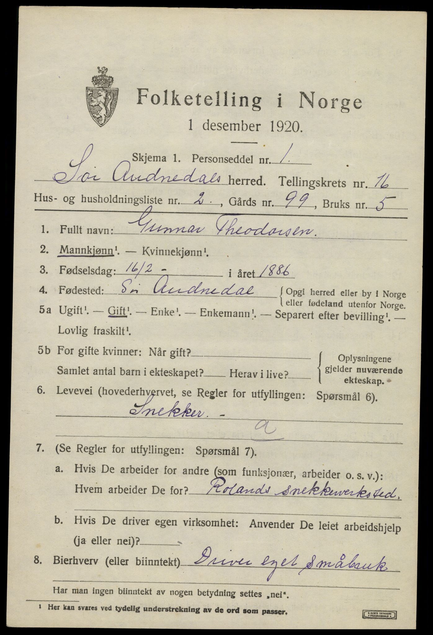 SAK, 1920 census for Sør-Audnedal, 1920, p. 5929