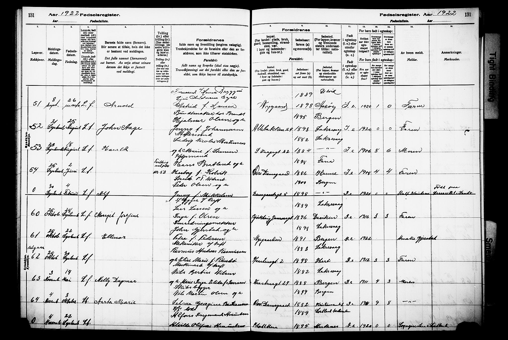 Laksevåg Sokneprestembete, AV/SAB-A-76501/I/Id/L00A1: Birth register no. A 1, 1916-1926, p. 131