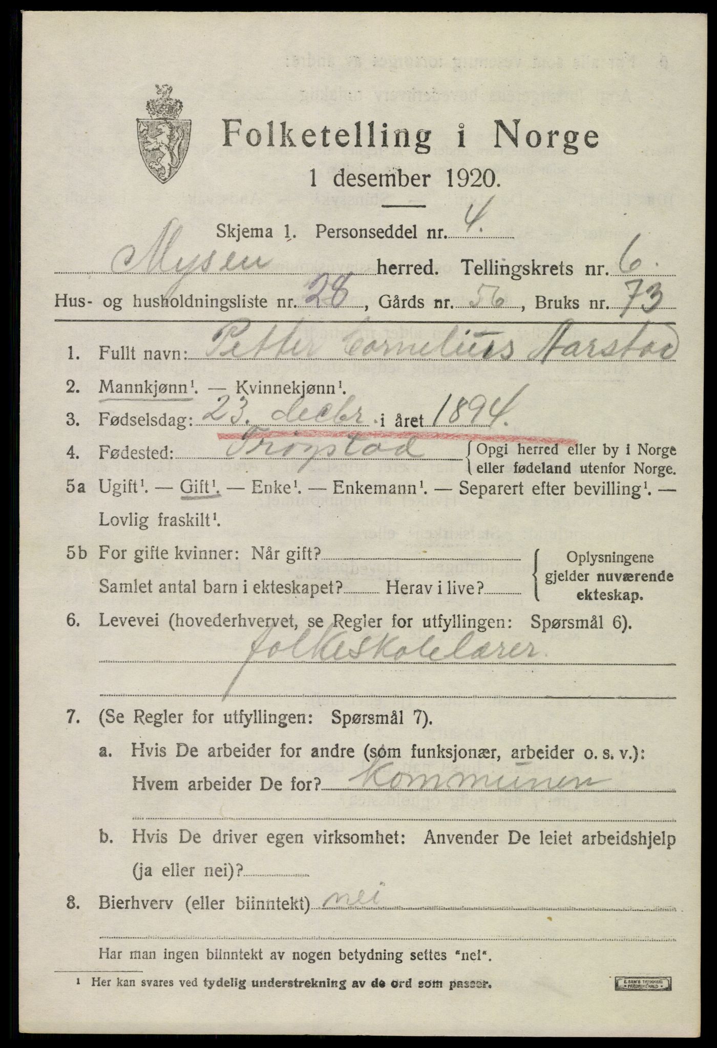 SAO, 1920 census for Mysen, 1920, p. 3249