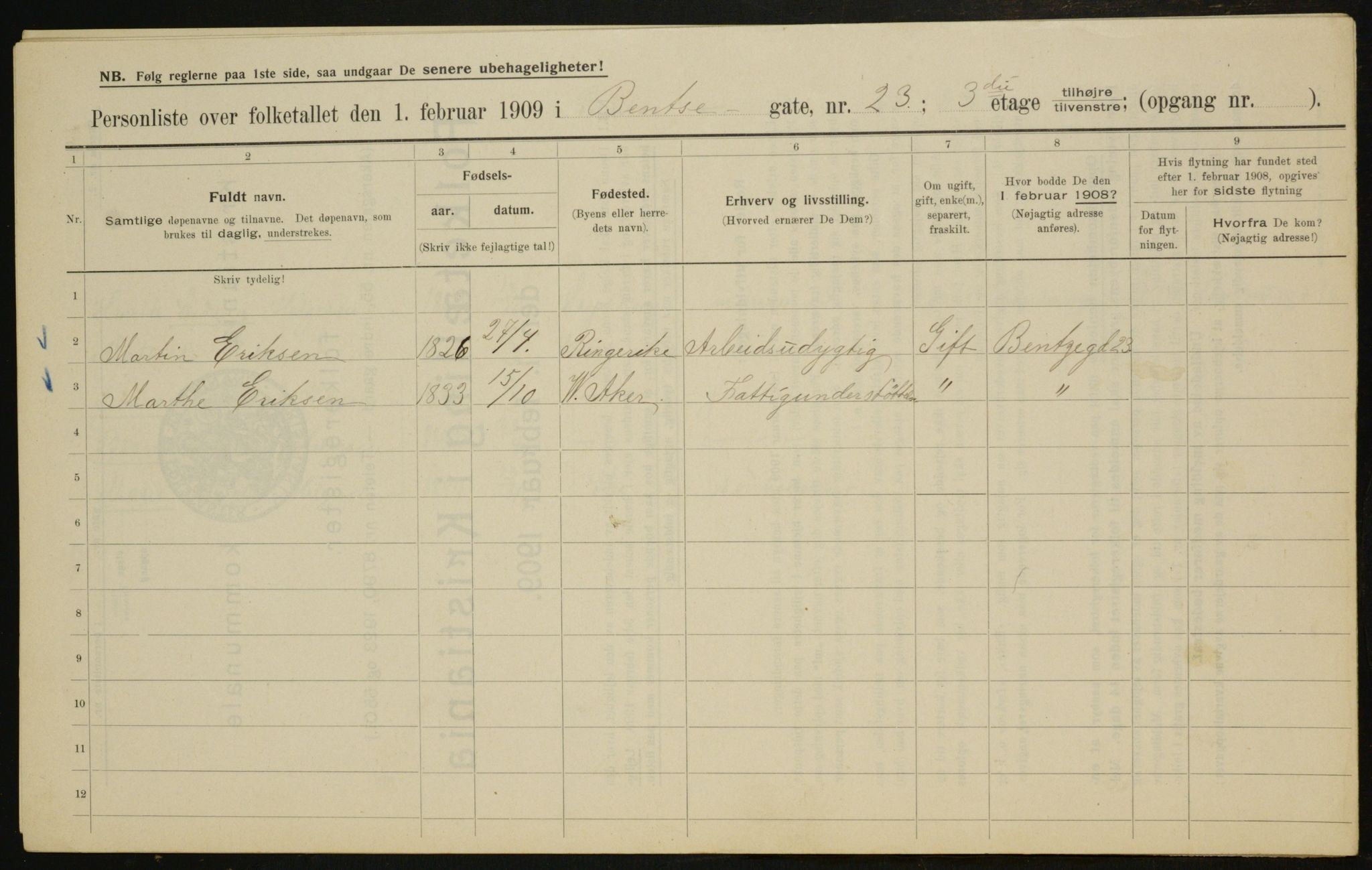 OBA, Municipal Census 1909 for Kristiania, 1909, p. 3421