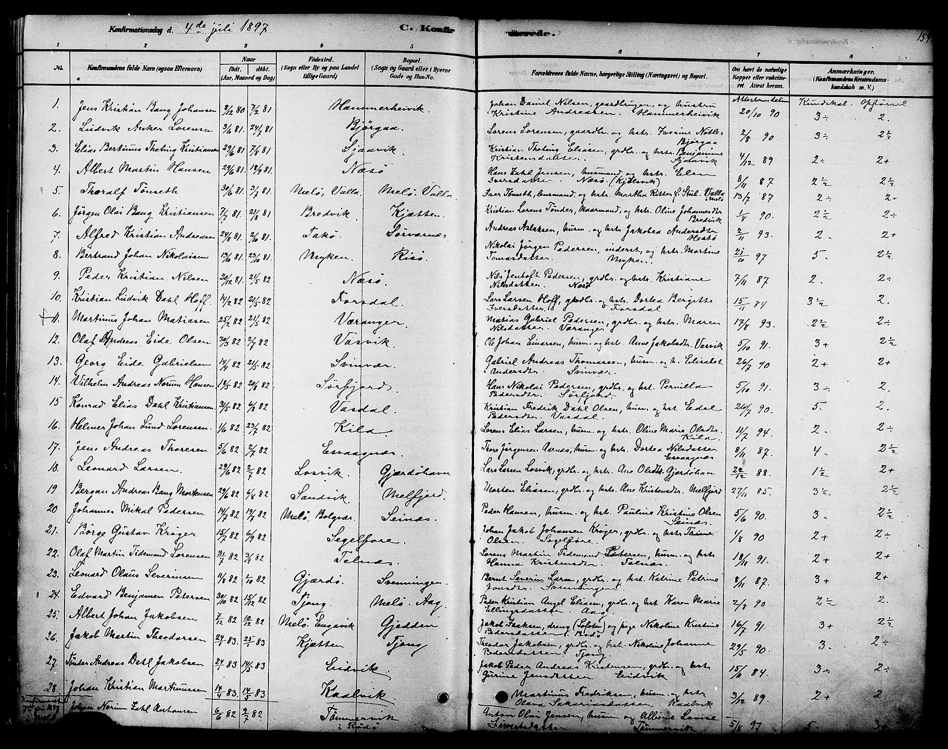 Ministerialprotokoller, klokkerbøker og fødselsregistre - Nordland, AV/SAT-A-1459/841/L0609: Parish register (official) no. 841A12, 1878-1901, p. 154