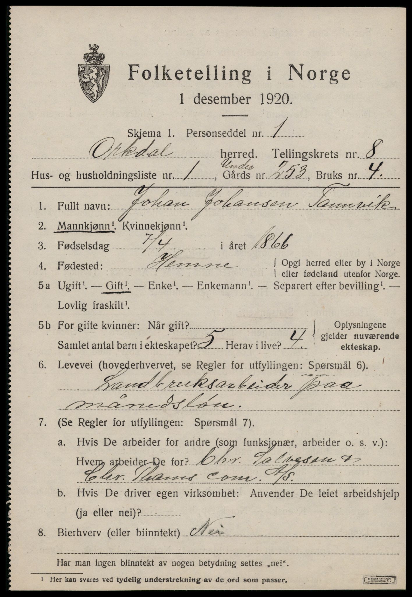 SAT, 1920 census for Orkdal, 1920, p. 6352