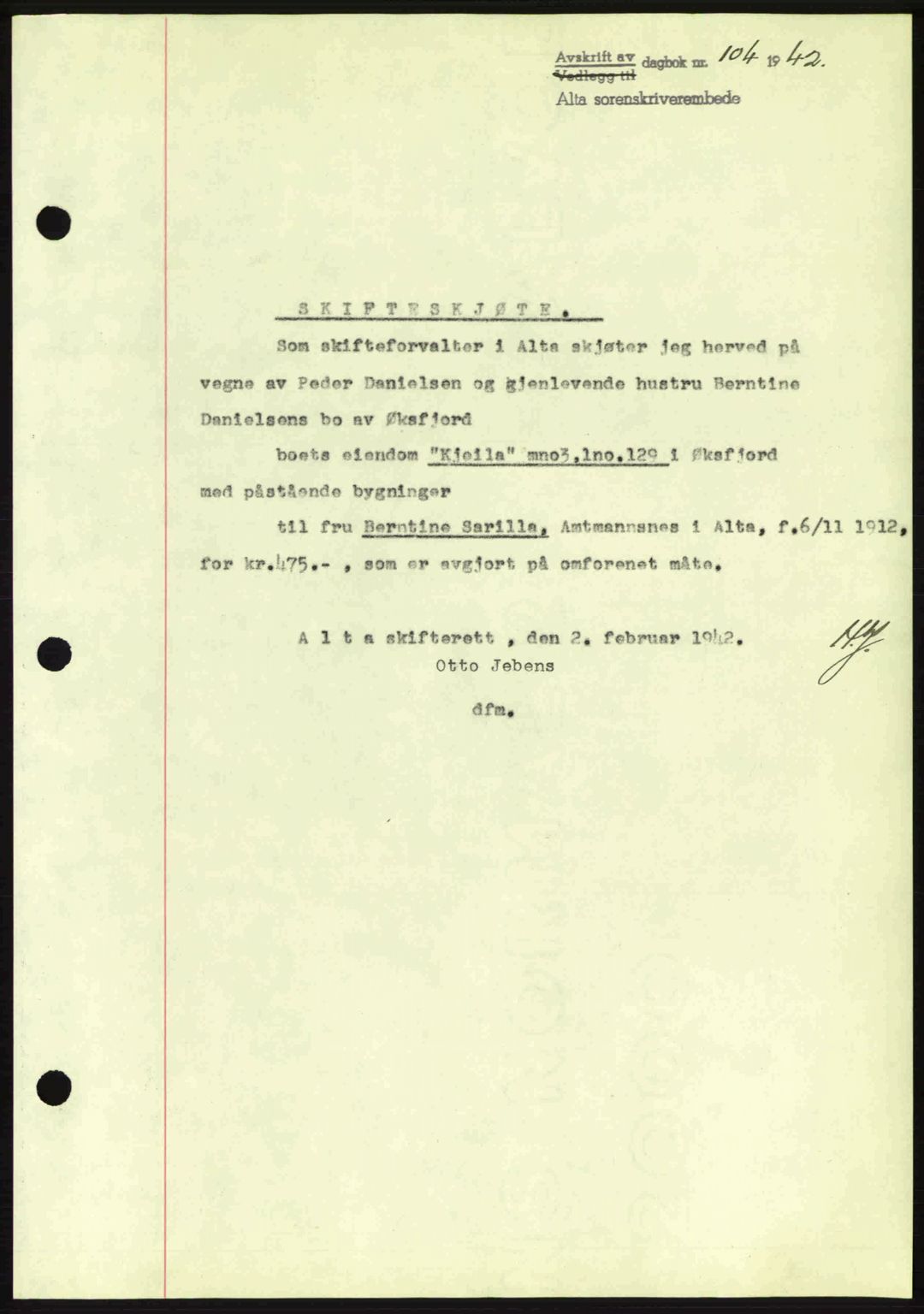 Alta fogderi/sorenskriveri, SATØ/SATØ-5/1/K/Kd/L0033pantebok: Mortgage book no. 33, 1940-1943, Diary no: : 104/1942