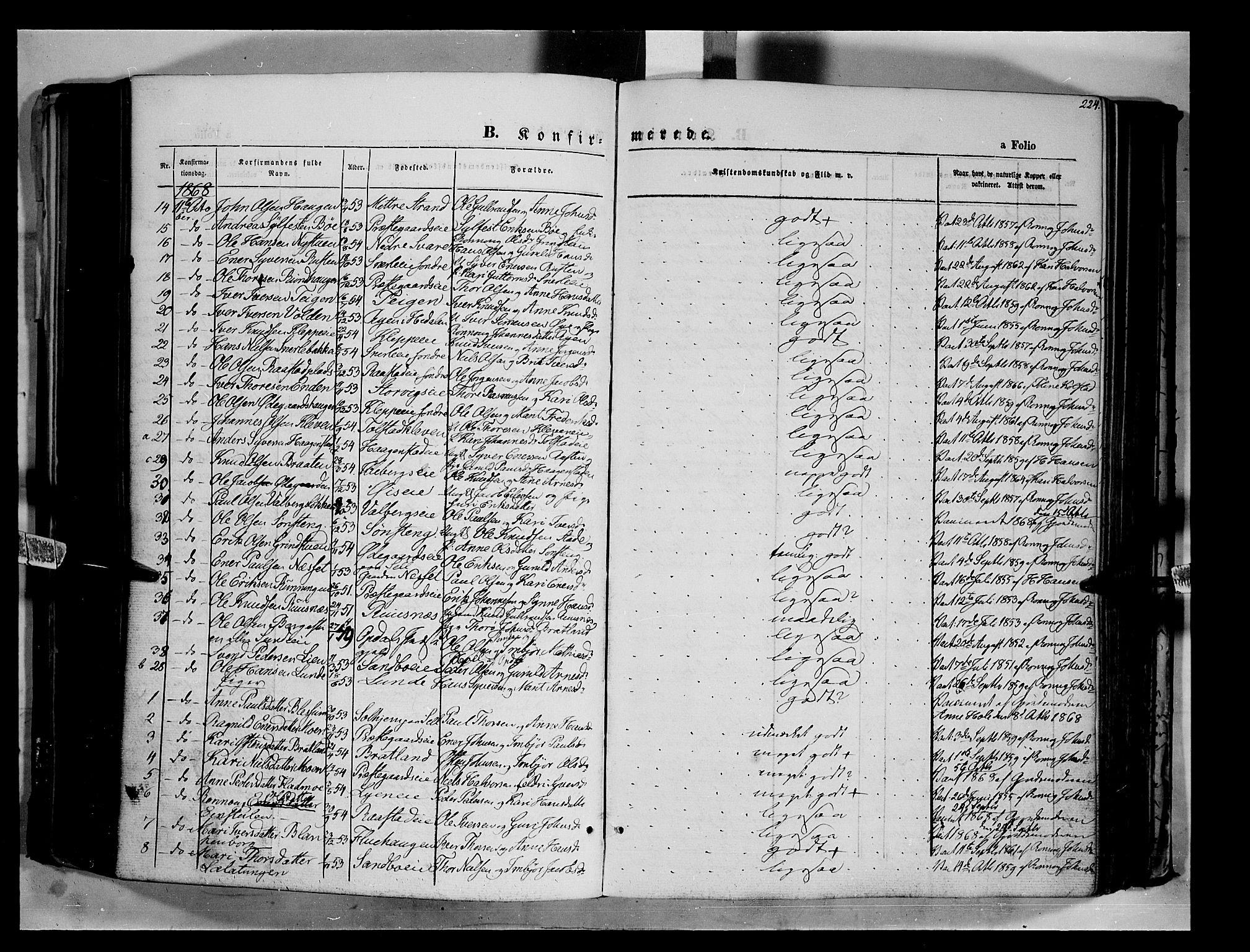 Vågå prestekontor, SAH/PREST-076/H/Ha/Haa/L0006: Parish register (official) no. 6 /1, 1856-1872, p. 224