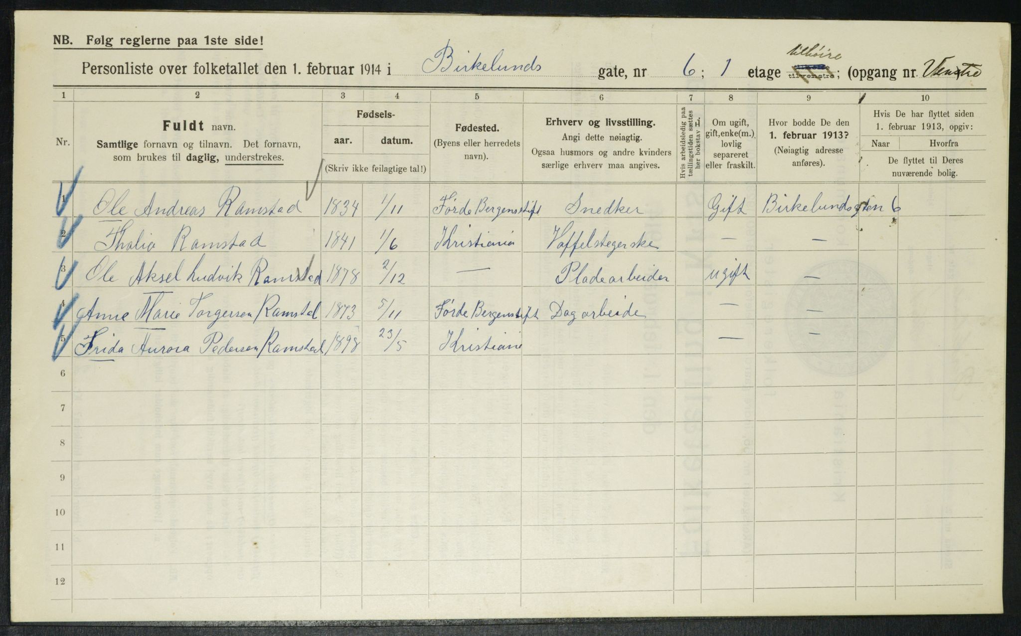 OBA, Municipal Census 1914 for Kristiania, 1914, p. 5172