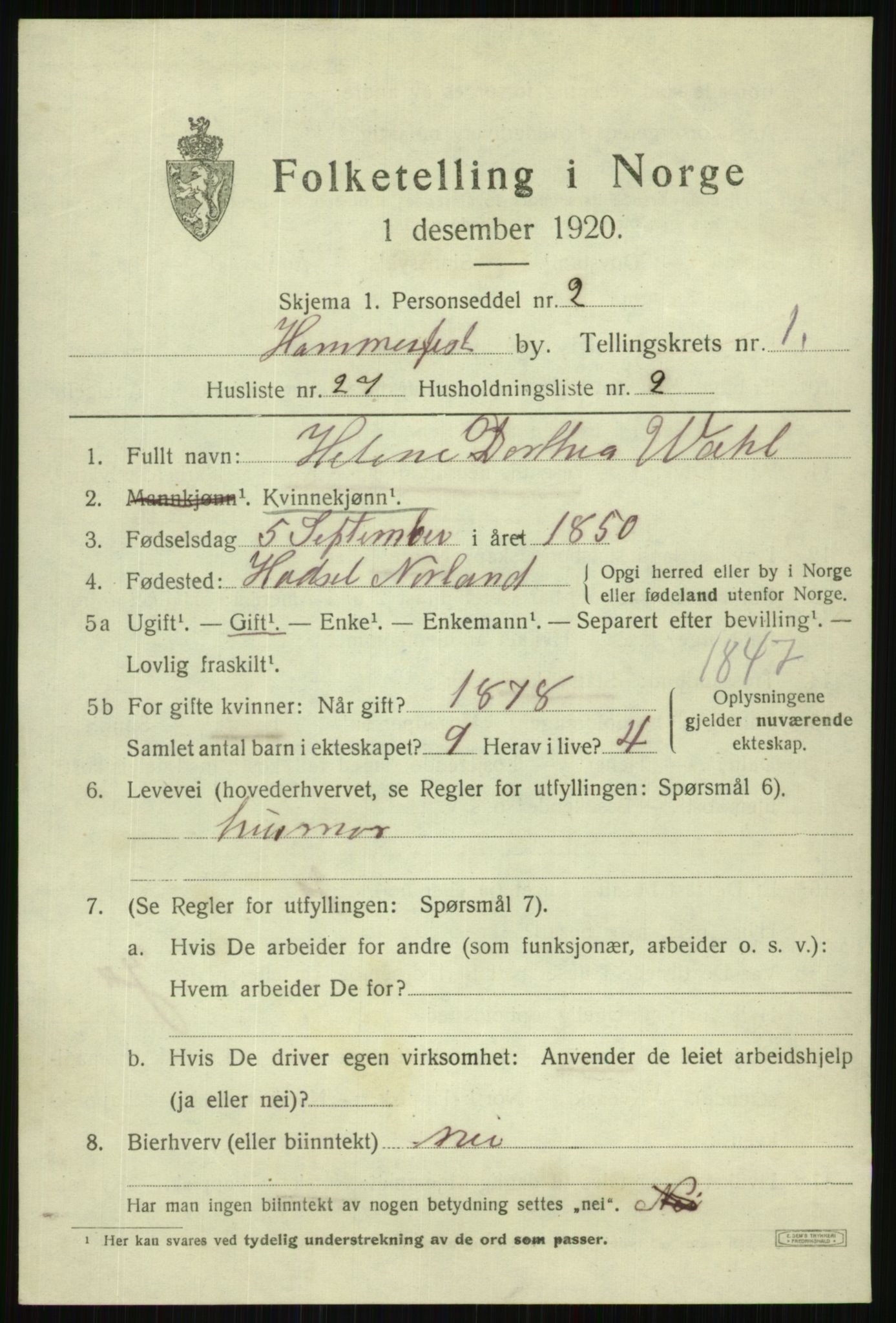 SATØ, 1920 census for Hammerfest, 1920, p. 2926