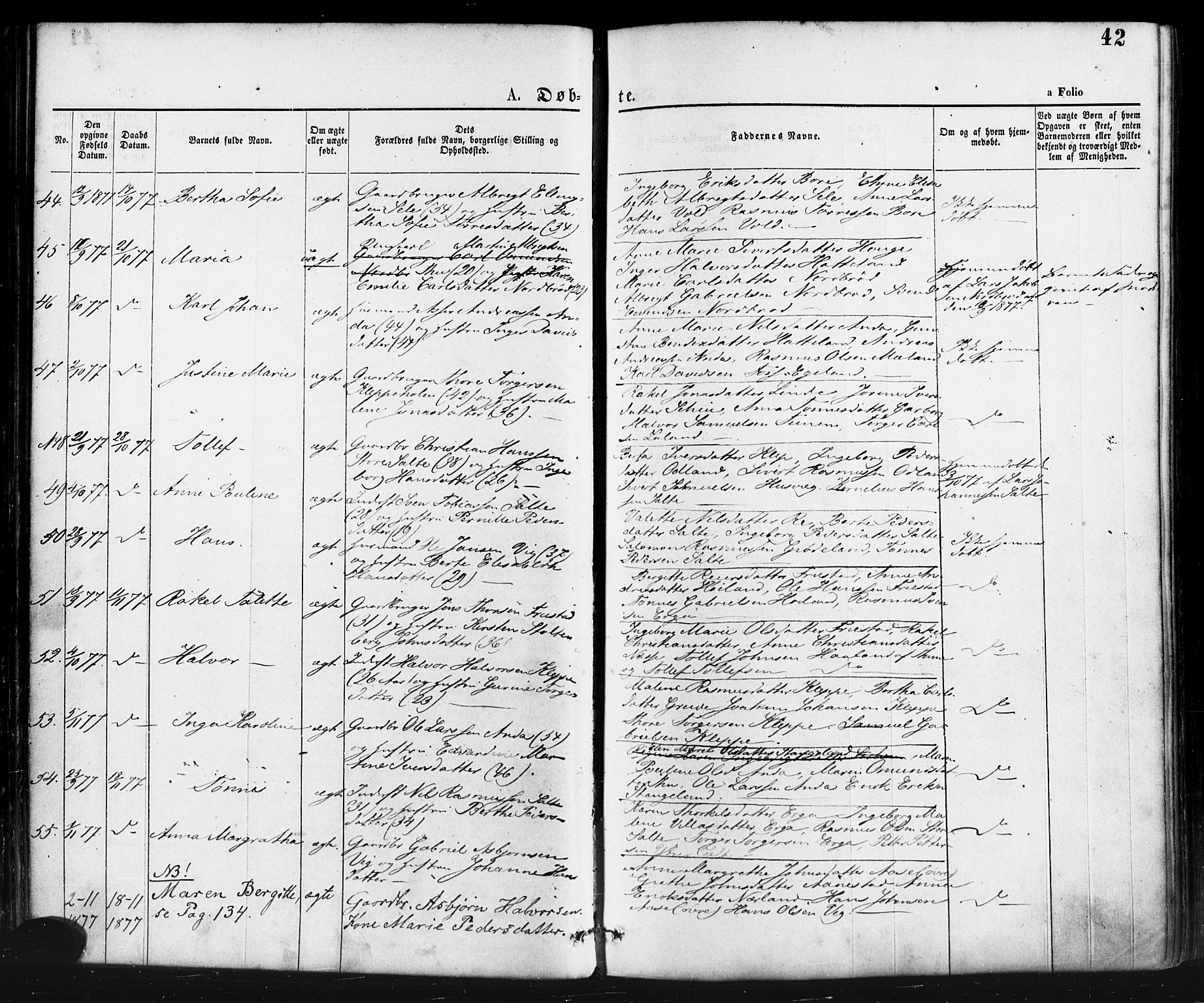 Klepp sokneprestkontor, AV/SAST-A-101803/001/3/30BA/L0006: Parish register (official) no. A 6, 1871-1885, p. 42