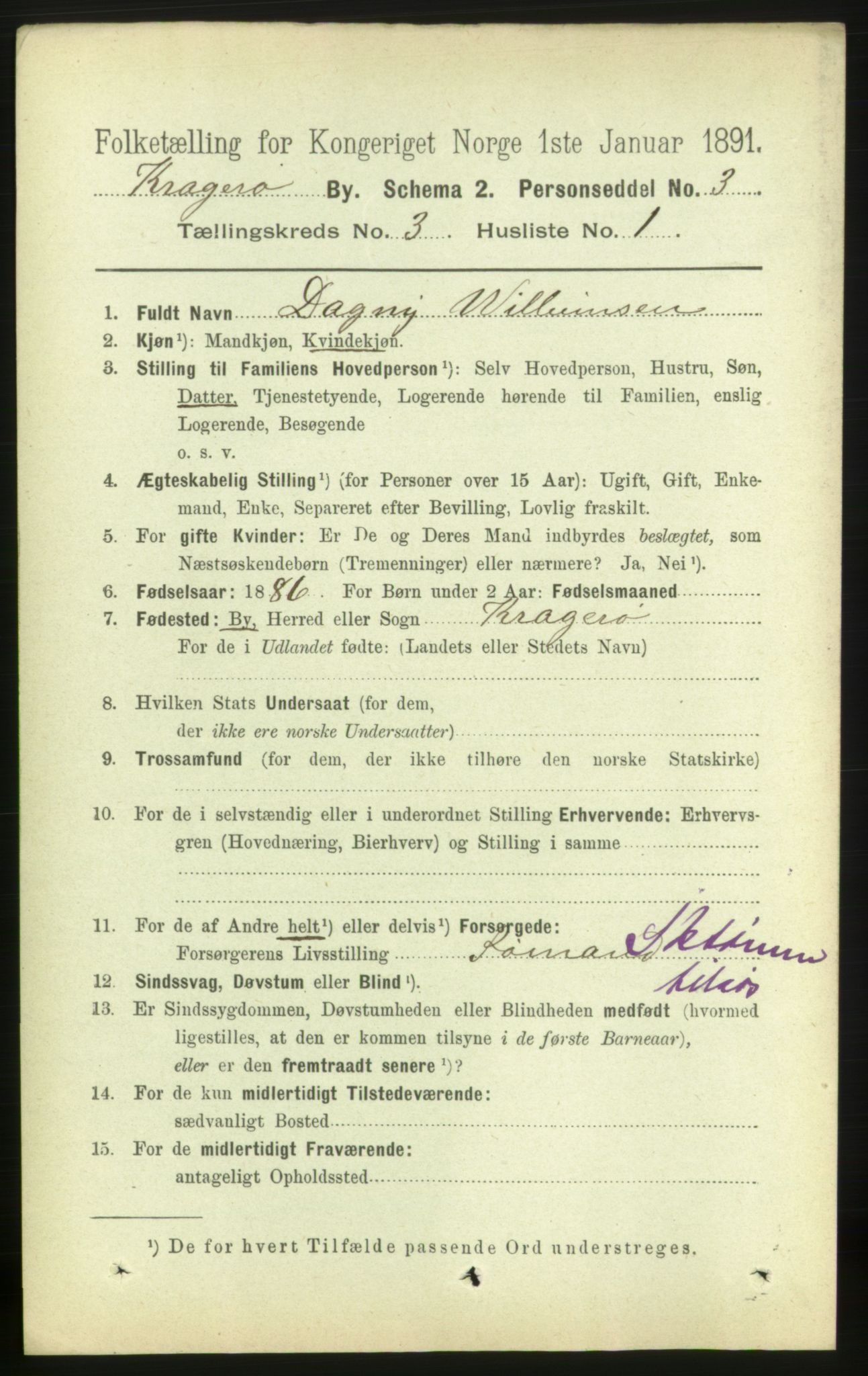 RA, 1891 census for 0801 Kragerø, 1891, p. 2664