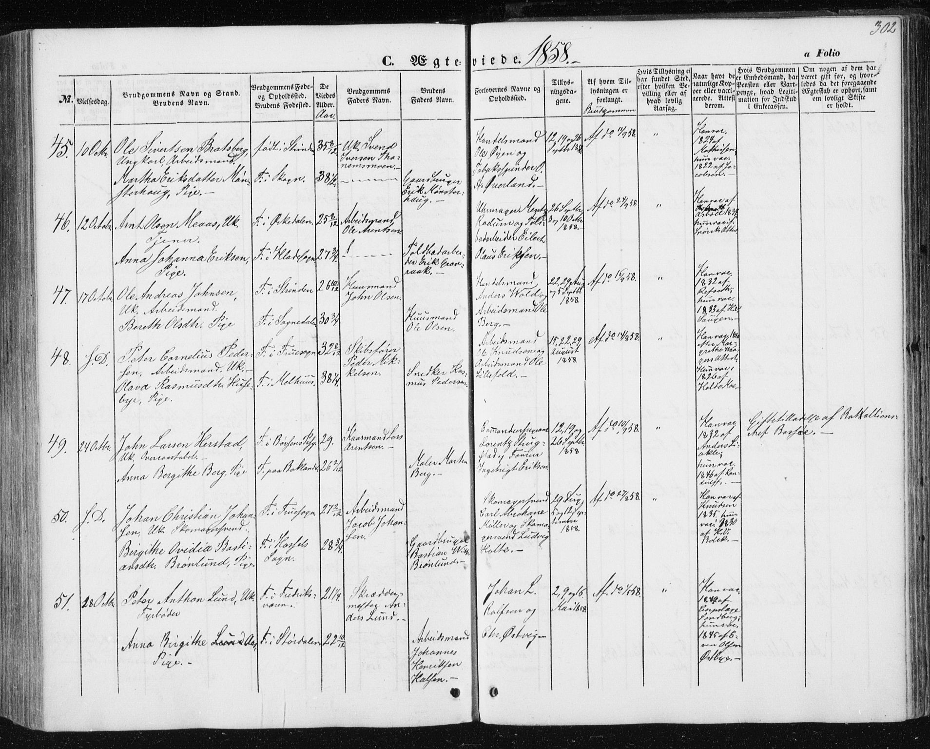 Ministerialprotokoller, klokkerbøker og fødselsregistre - Sør-Trøndelag, SAT/A-1456/602/L0112: Parish register (official) no. 602A10, 1848-1859, p. 302