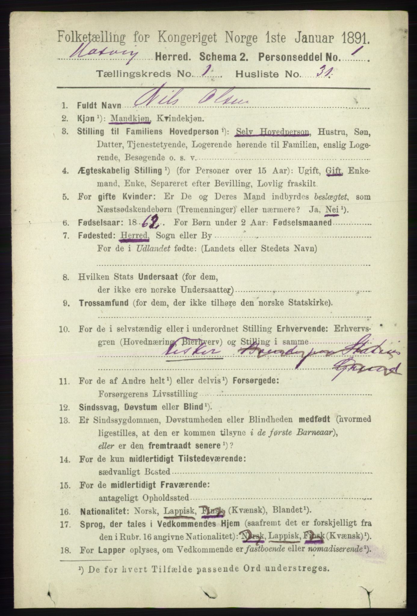 RA, 1891 census for 2015 Hasvik, 1891, p. 248