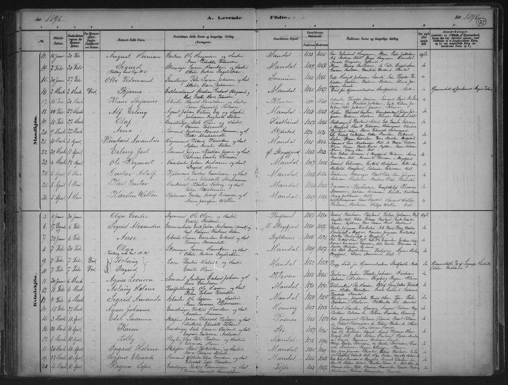 Mandal sokneprestkontor, AV/SAK-1111-0030/F/Fb/Fba/L0011: Parish register (copy) no. B 5, 1880-1898, p. 175