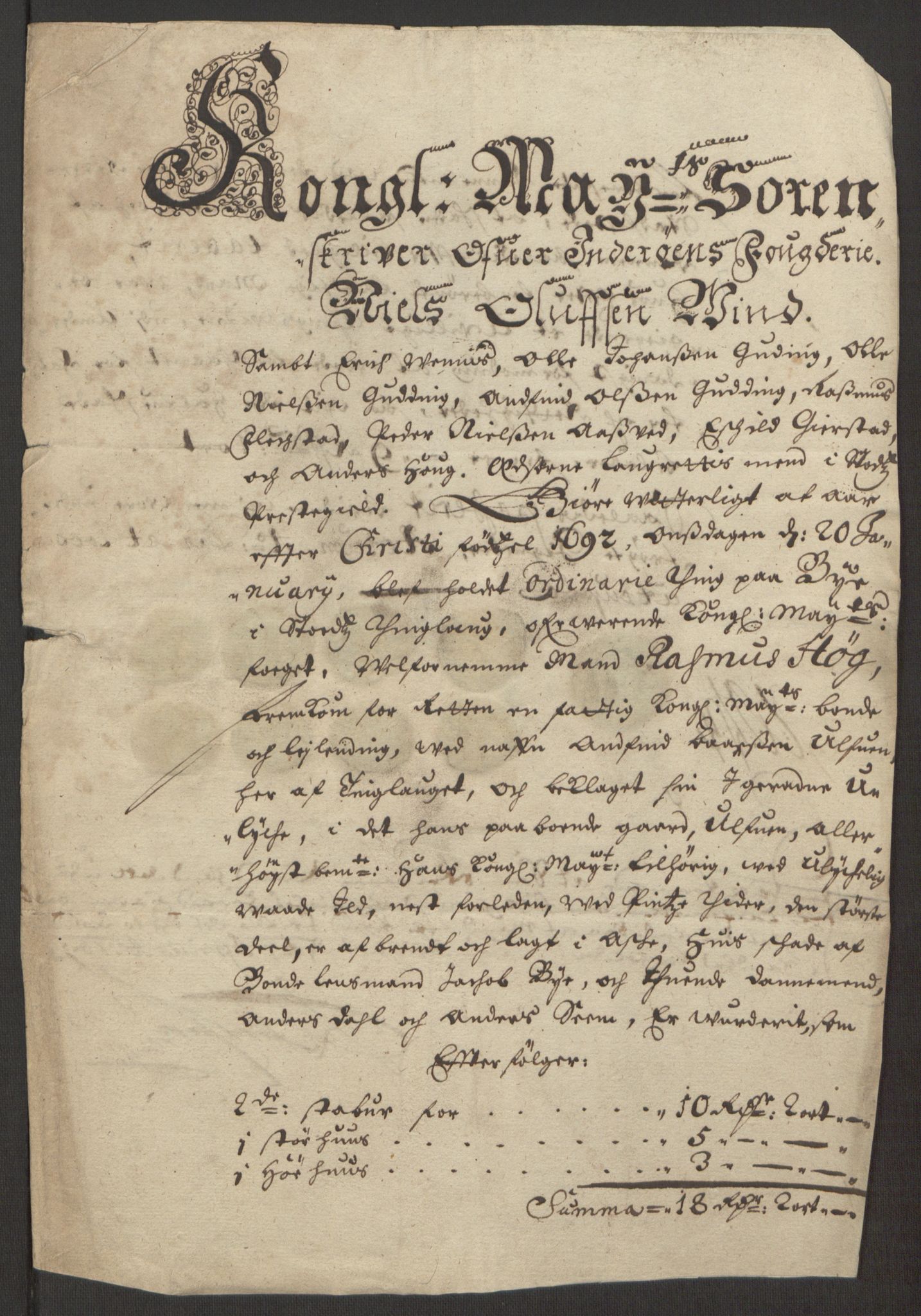 Rentekammeret inntil 1814, Reviderte regnskaper, Fogderegnskap, AV/RA-EA-4092/R63/L4308: Fogderegnskap Inderøy, 1692-1694, p. 274