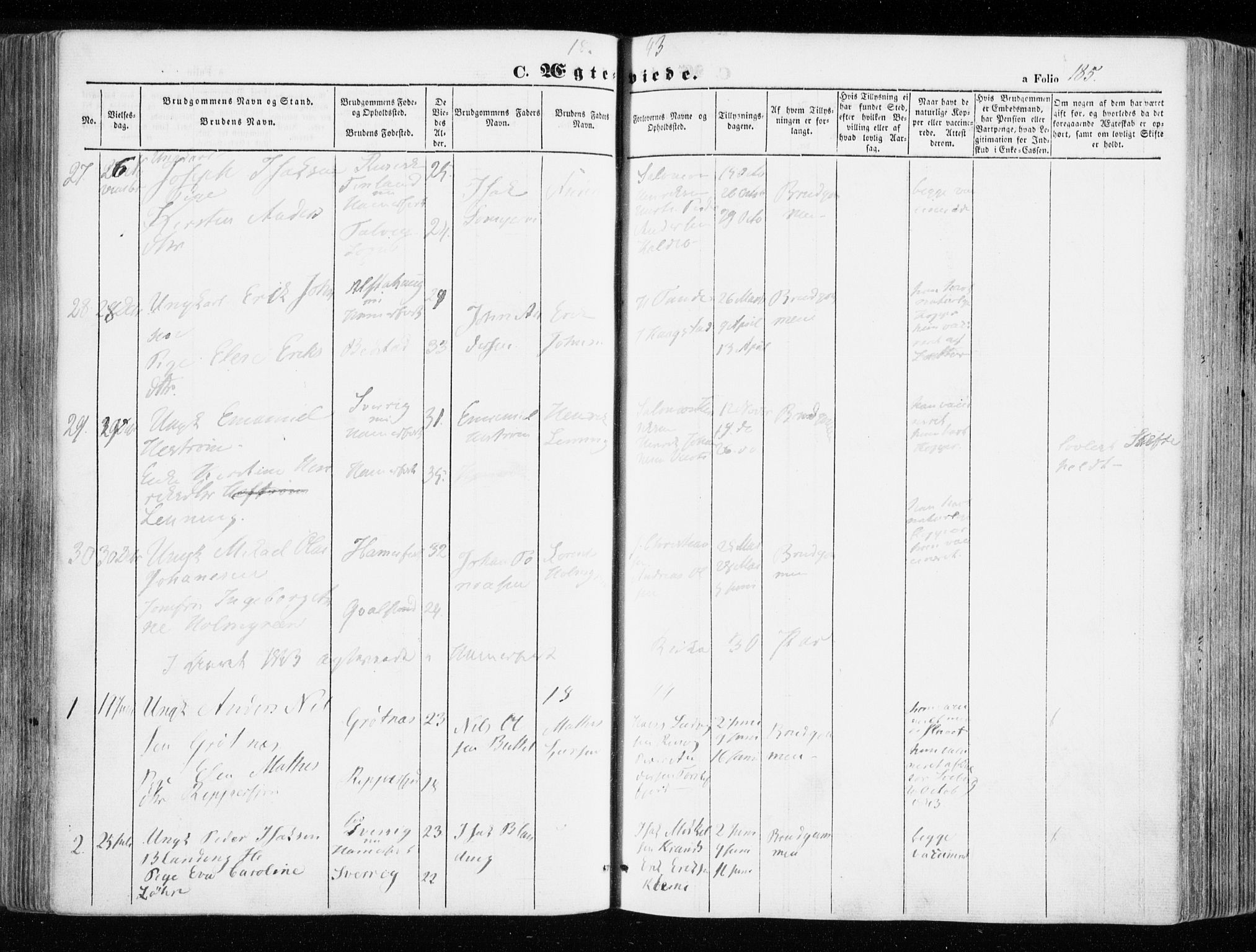 Hammerfest sokneprestkontor, SATØ/S-1347/H/Ha/L0004.kirke: Parish register (official) no. 4, 1843-1856, p. 185