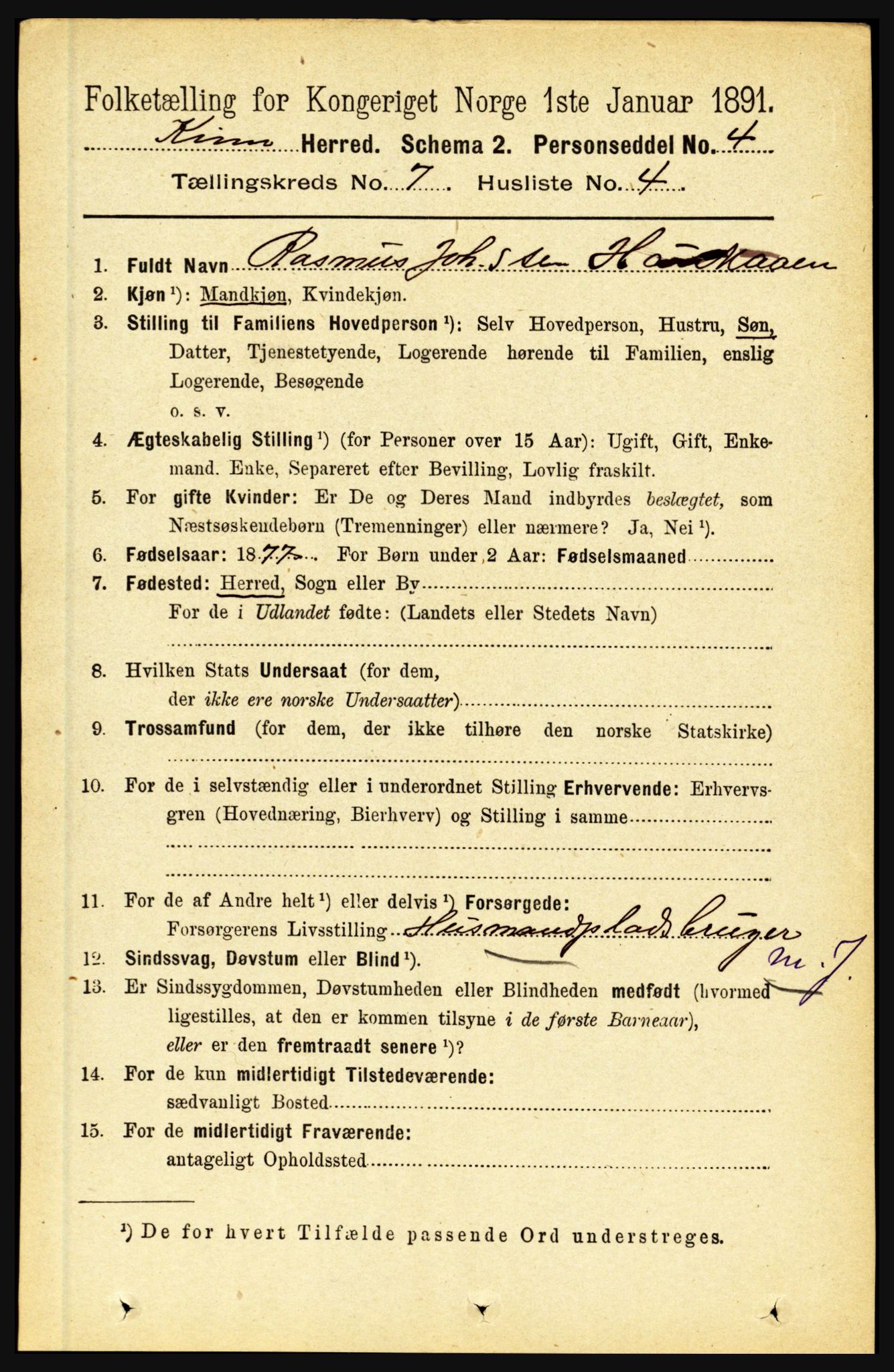 RA, 1891 census for 1437 Kinn, 1891, p. 2697