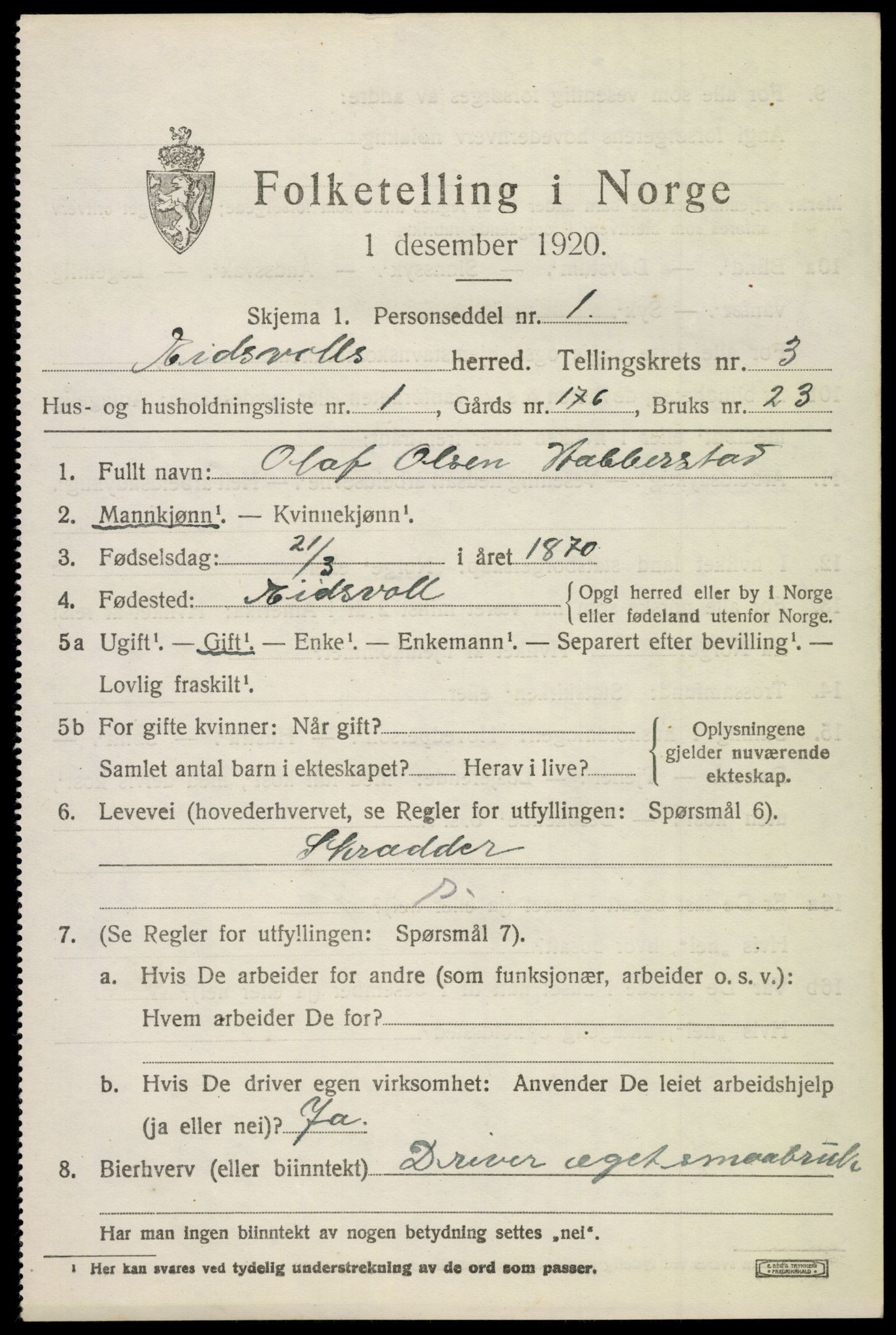 SAO, 1920 census for Eidsvoll, 1920, p. 7619