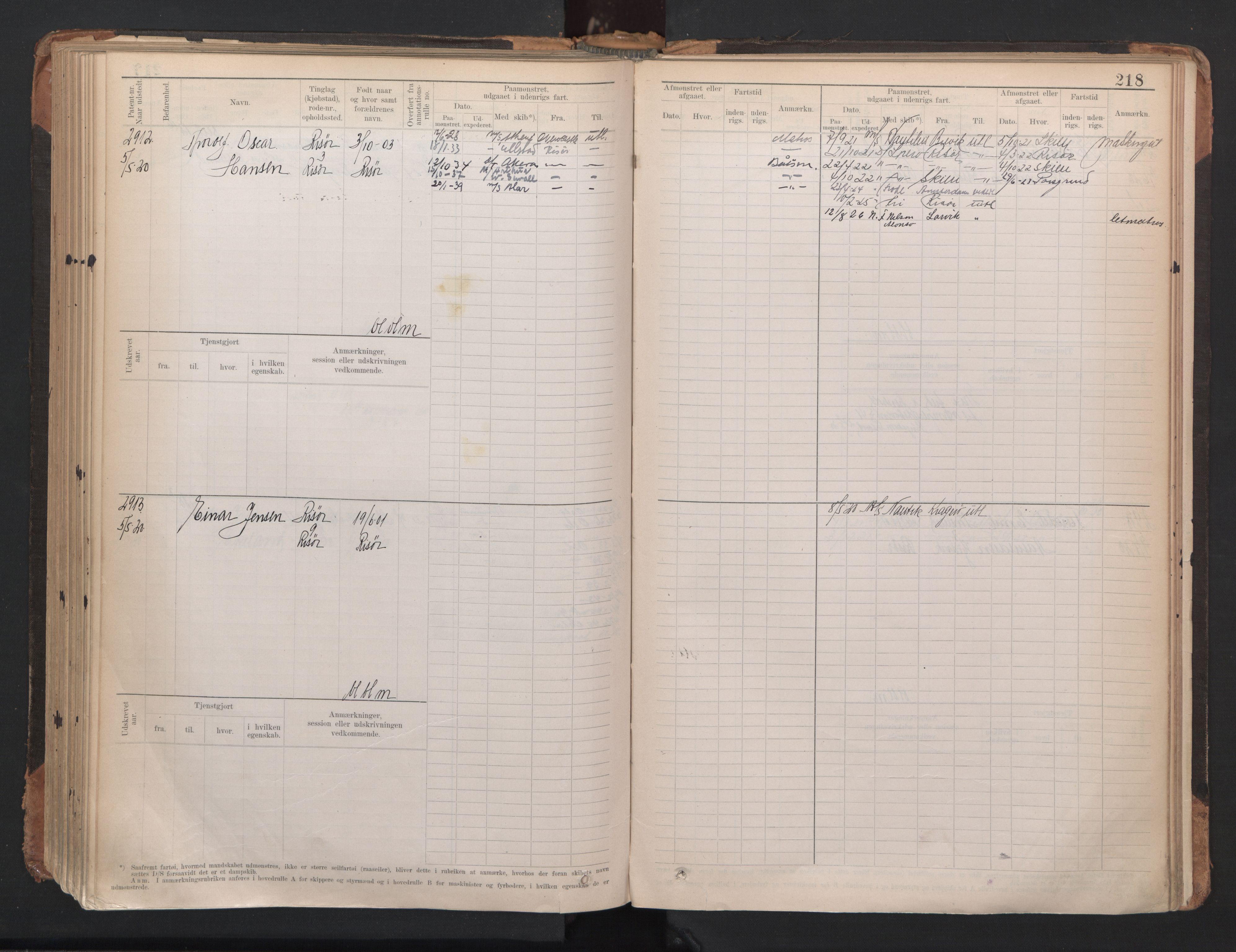 Risør mønstringskrets, AV/SAK-2031-0010/F/Fb/L0005: Hovedrulle A nr 2485-3065, Q-5, 1904-1948, p. 224