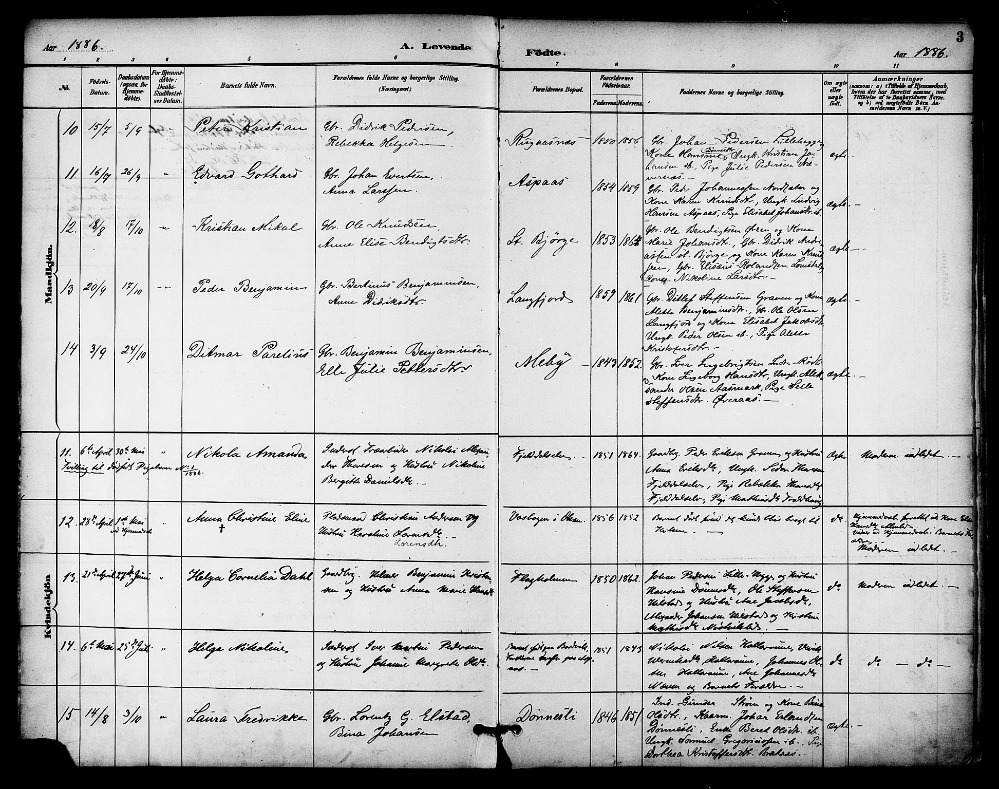 Ministerialprotokoller, klokkerbøker og fødselsregistre - Nordland, AV/SAT-A-1459/814/L0226: Parish register (official) no. 814A07, 1886-1898, p. 3