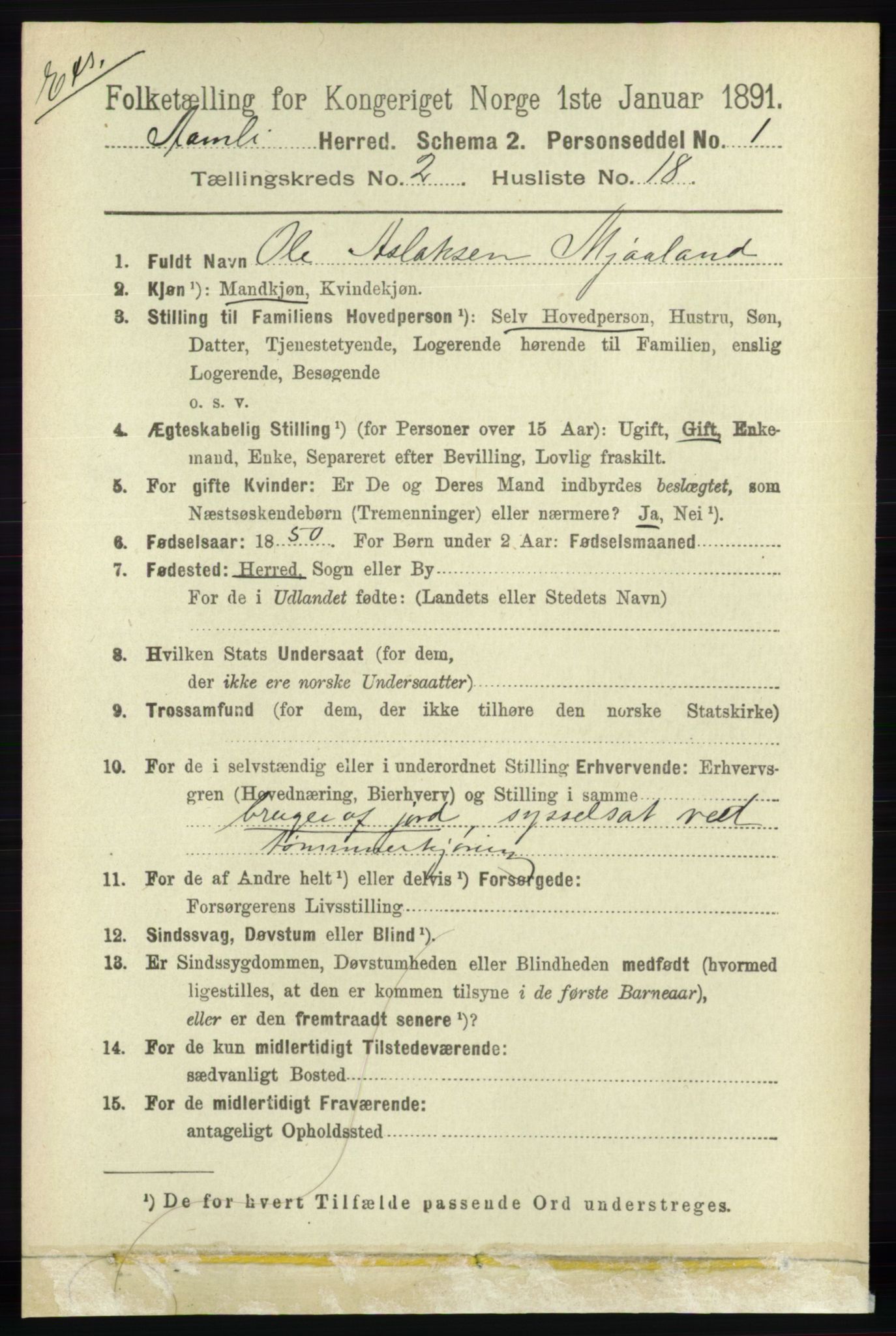 RA, Census 1891 for Nedenes amt: Gjenparter av personsedler for beslektede ektefeller, menn, 1891, p. 351