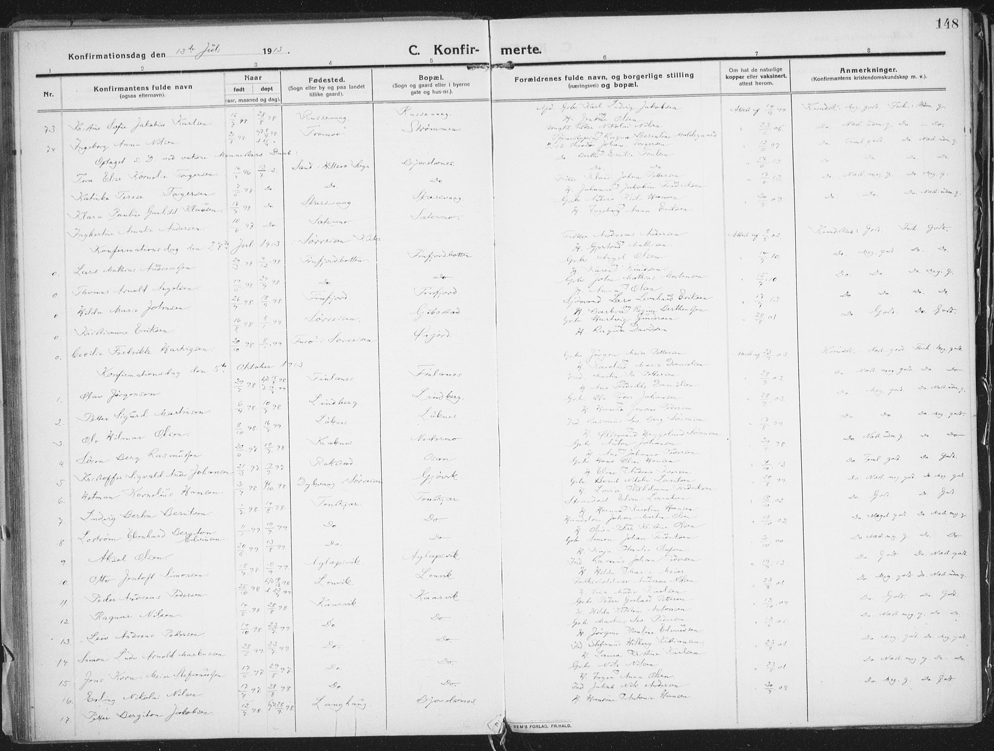 Lenvik sokneprestembete, AV/SATØ-S-1310/H/Ha/Haa/L0016kirke: Parish register (official) no. 16, 1910-1924, p. 148