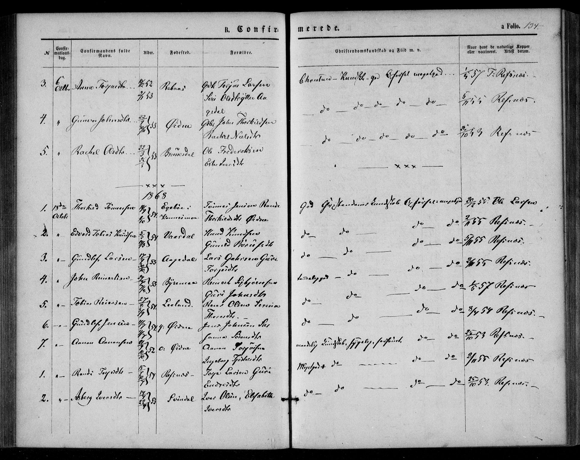 Bjelland sokneprestkontor, SAK/1111-0005/F/Fa/Fac/L0002: Parish register (official) no. A 2, 1866-1887, p. 134