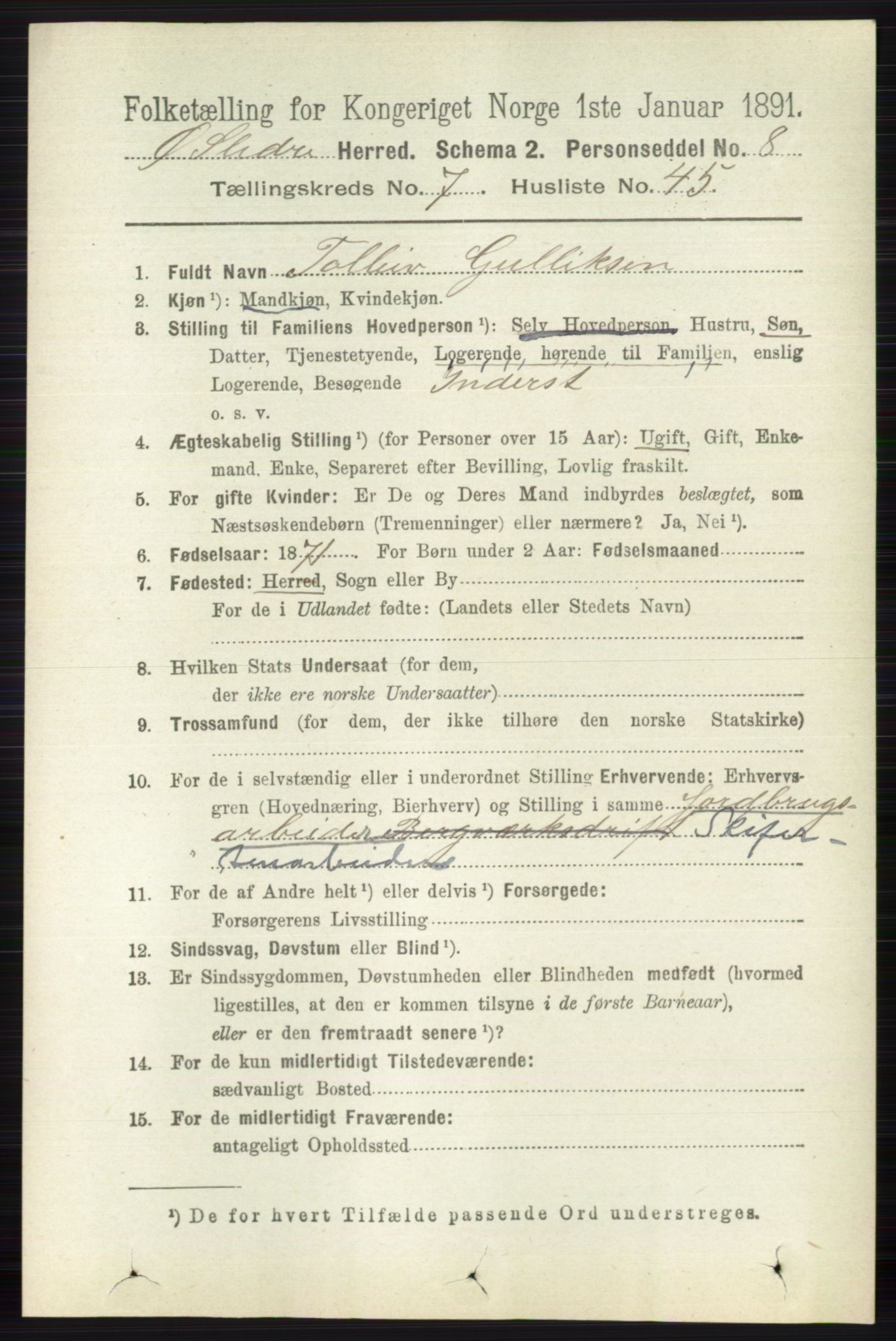 RA, 1891 census for 0544 Øystre Slidre, 1891, p. 2422